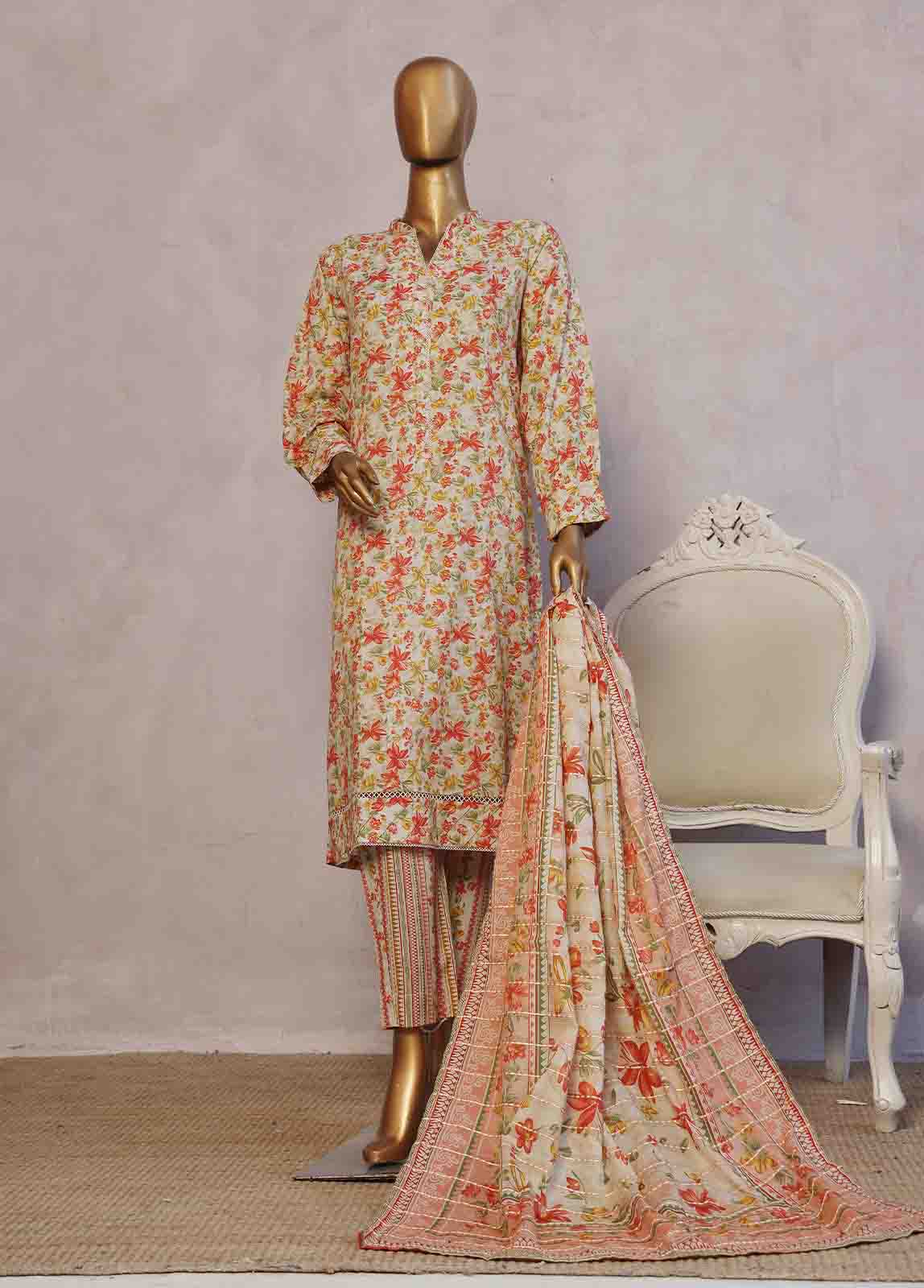 Bin Saeed Fabric - SM-076- 3 Piece Printed Stitched Suit