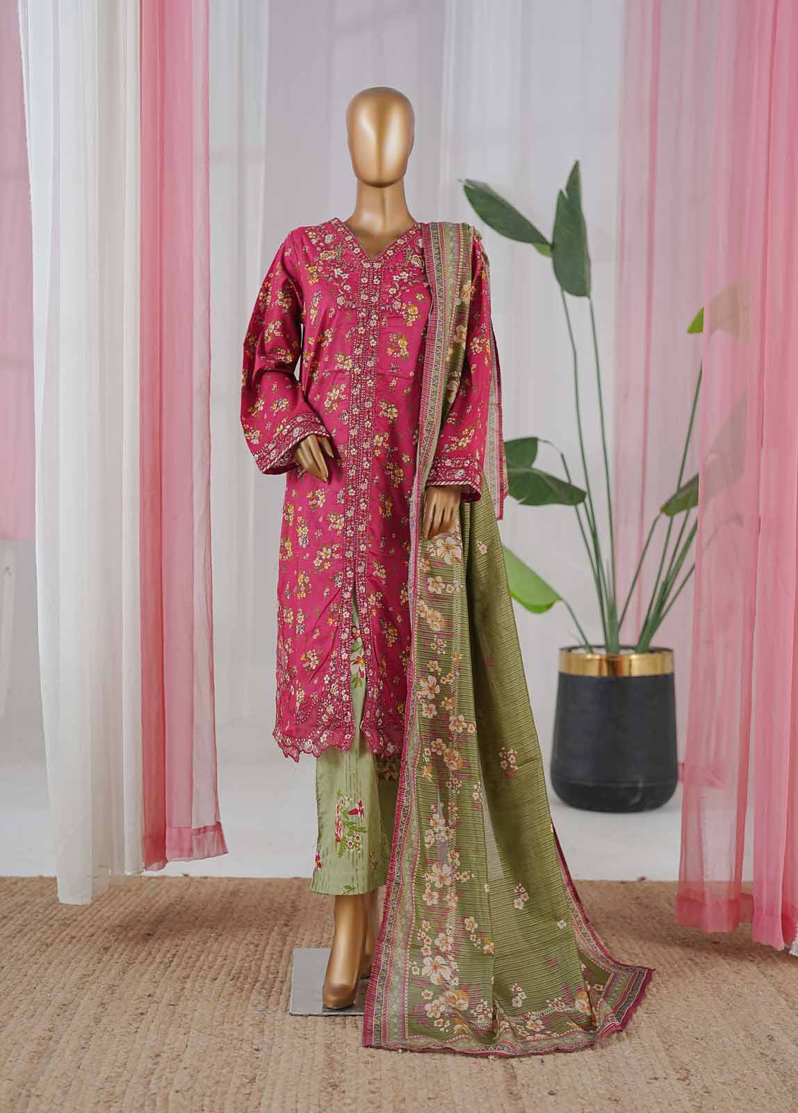 Bin Saeed Fabric - SM-081-EMBC-3 Piece Chikankari Stitched Suit