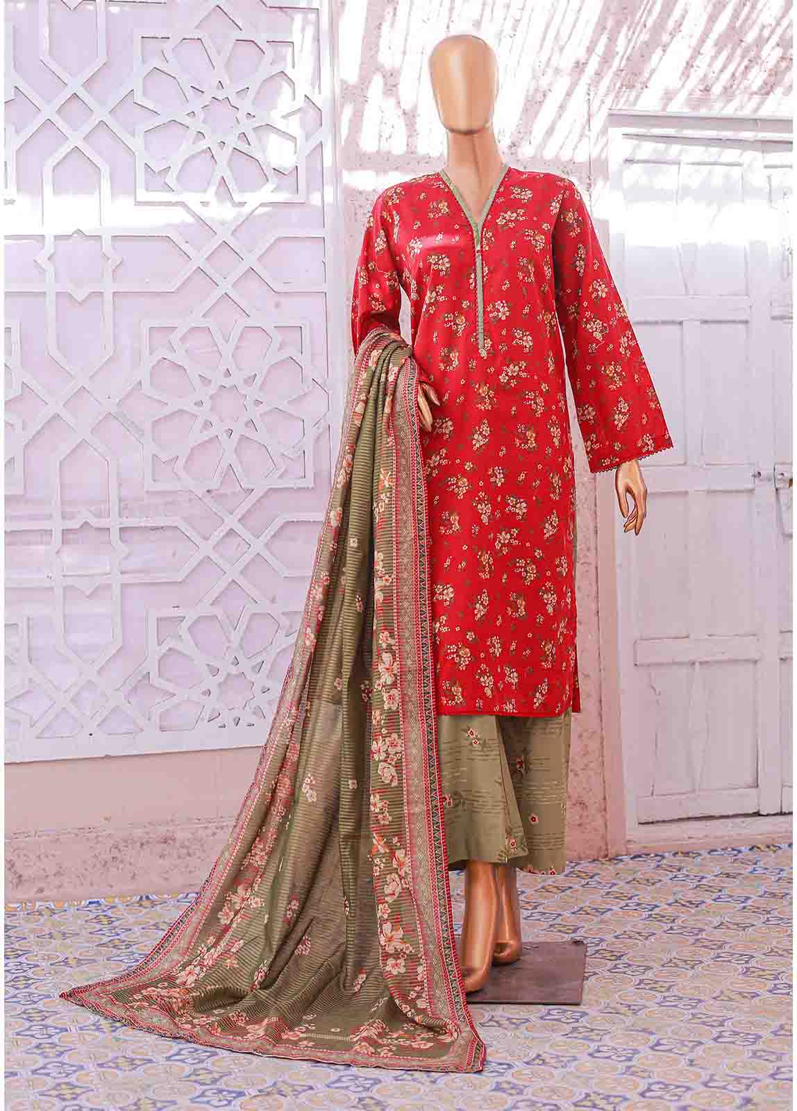 Bin Saeed Fabric - SM-081 R- 3 Piece Printed Stitched Suit