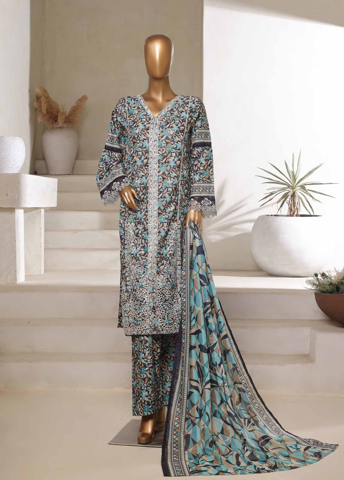 Bin Saeed Fabric - SM-087-EMBC-3 Piece Chikankari Stitched Suit