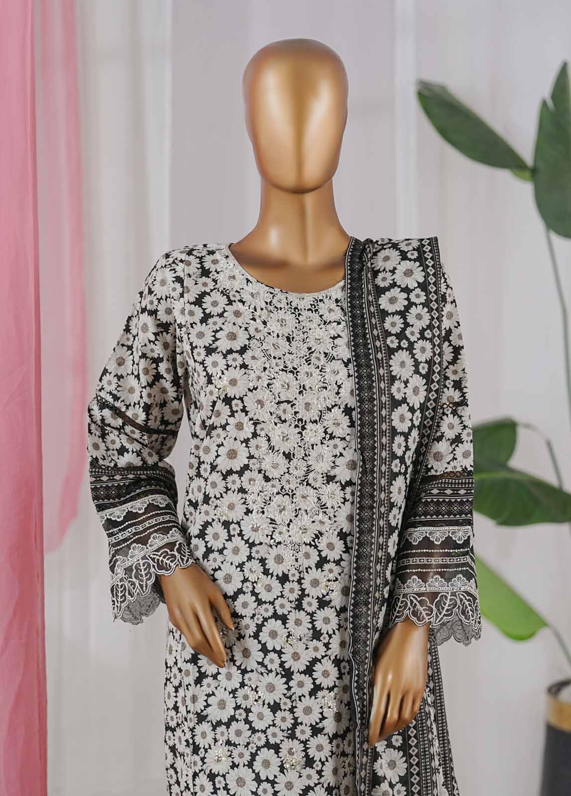 Bin Saeed Fabric - SM-097-EMBC-3 Piece Chikankari Stitched Suit