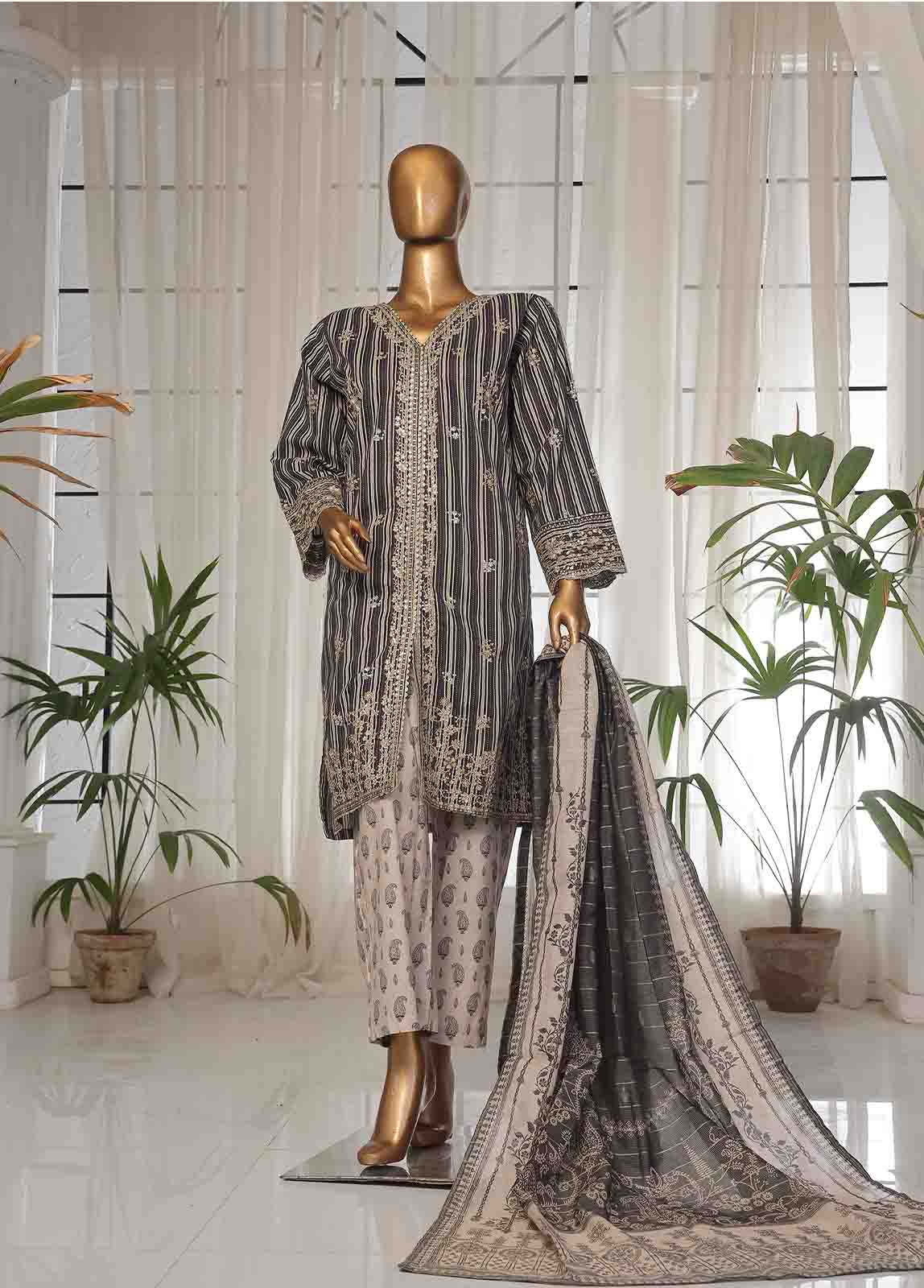 Bin Saeed Fabric - SM-EKS-007 O-B- 3 Piece Printed Embroidered Stitched Suit