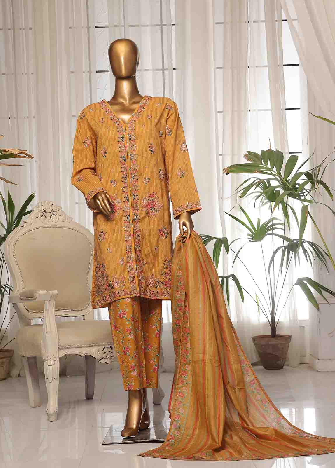 Bin Saeed Fabric - SM-EKS-010 O-B- 3 Piece Printed Embroidered Stitched Suit