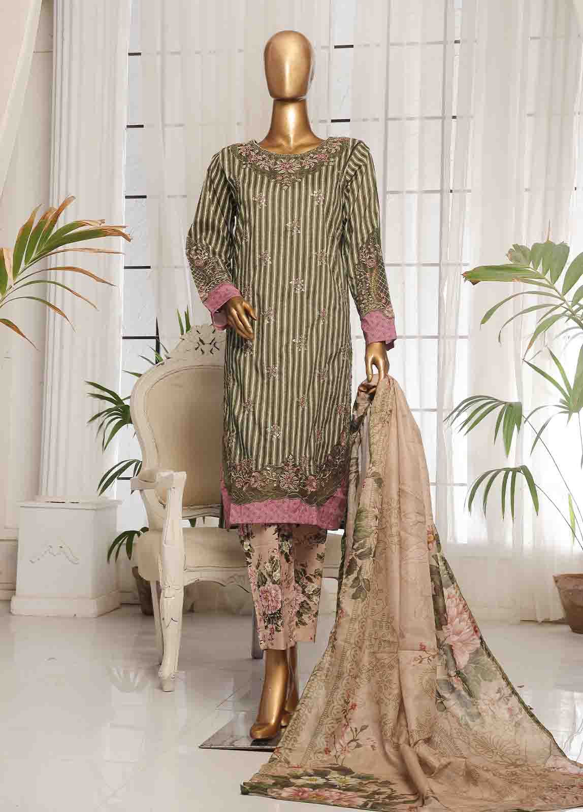 Bin Saeed Fabric - SM-EKS-012 O-B- 3 Piece Printed Embroidered Stitched Suit