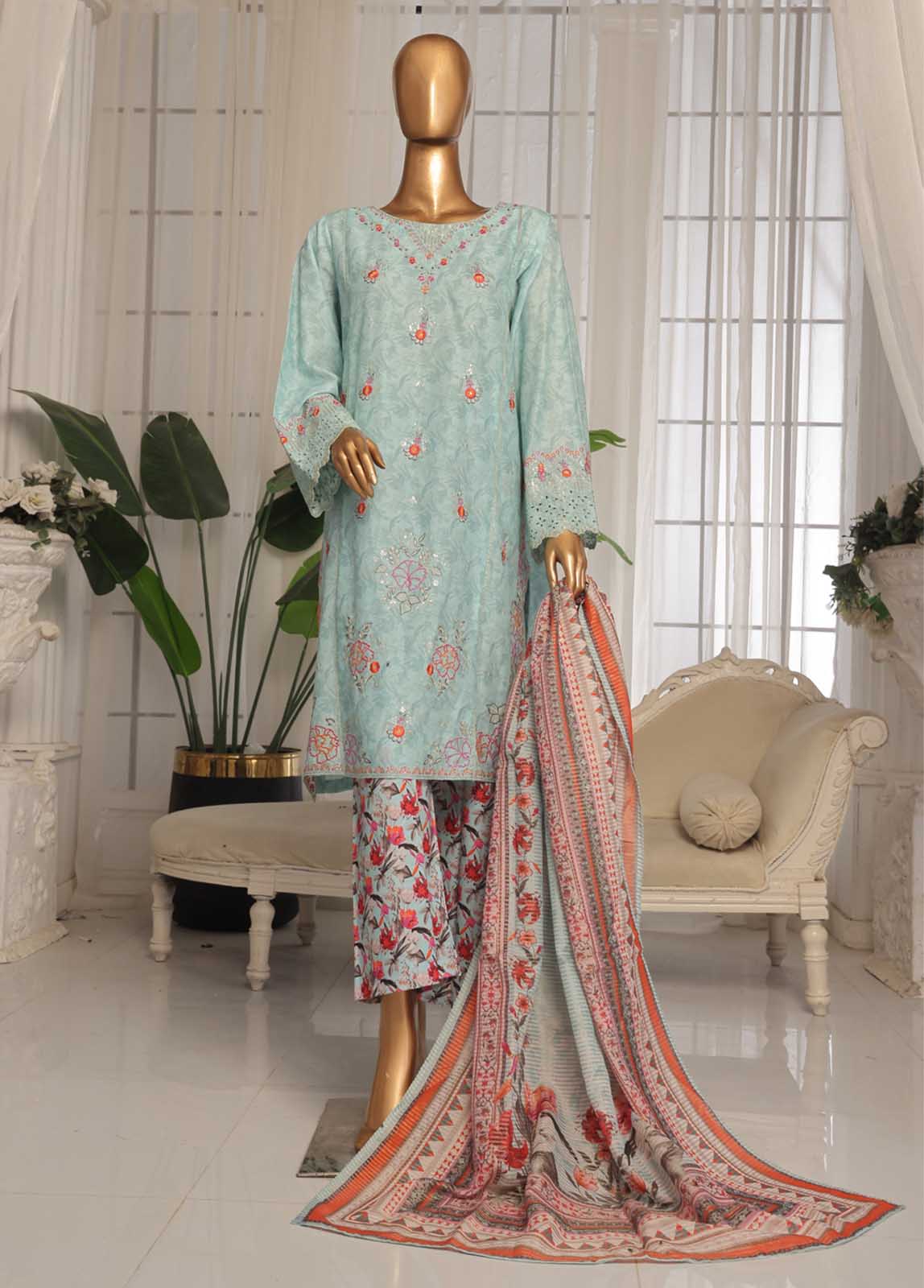 SM-EKS-020 - 3 Piece Printed Embroidered Stitched Suit