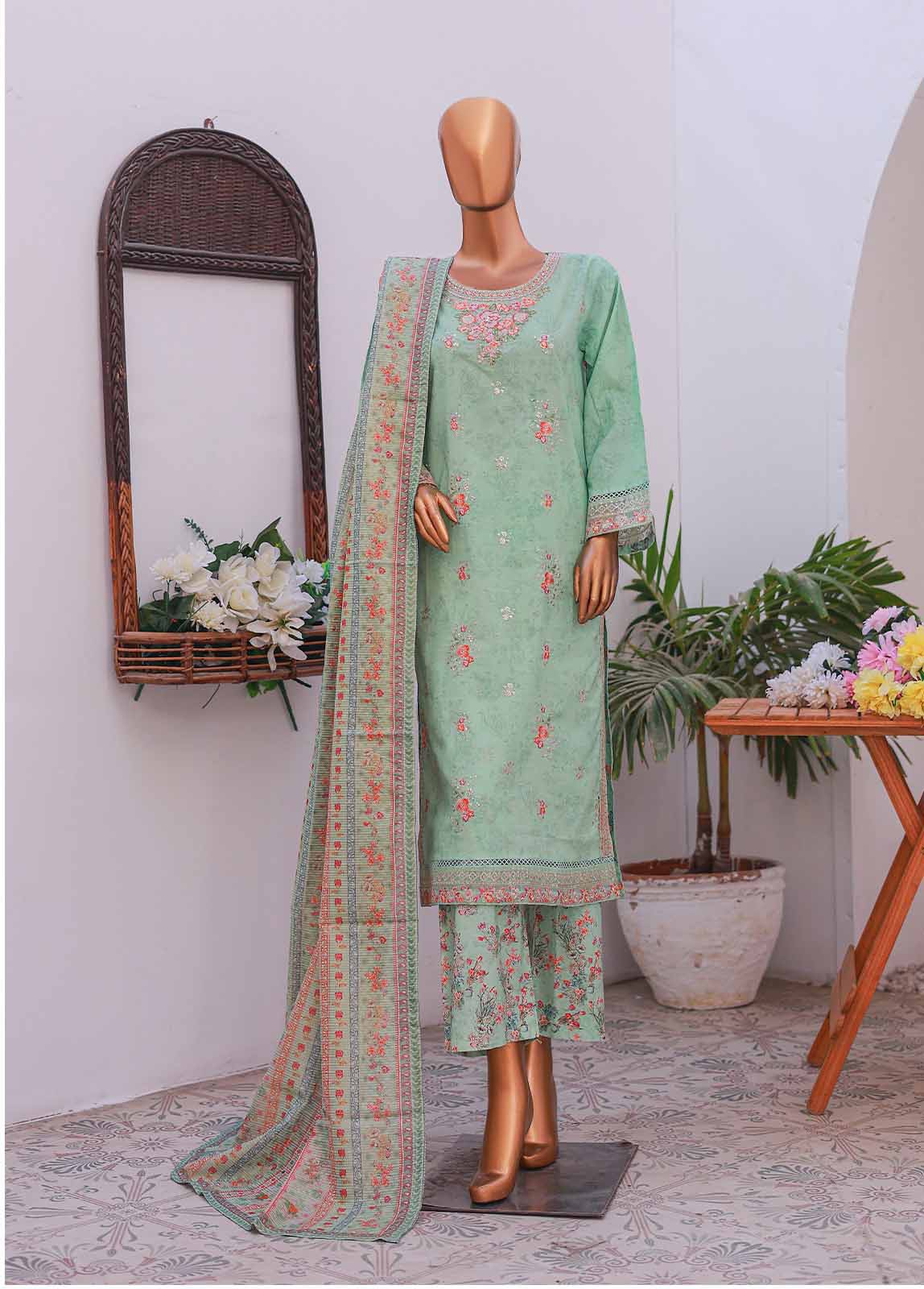 Bin Saeed Fabric - SM-EMB-019A- 3 Piece Printed Embroidered Stitched Suit