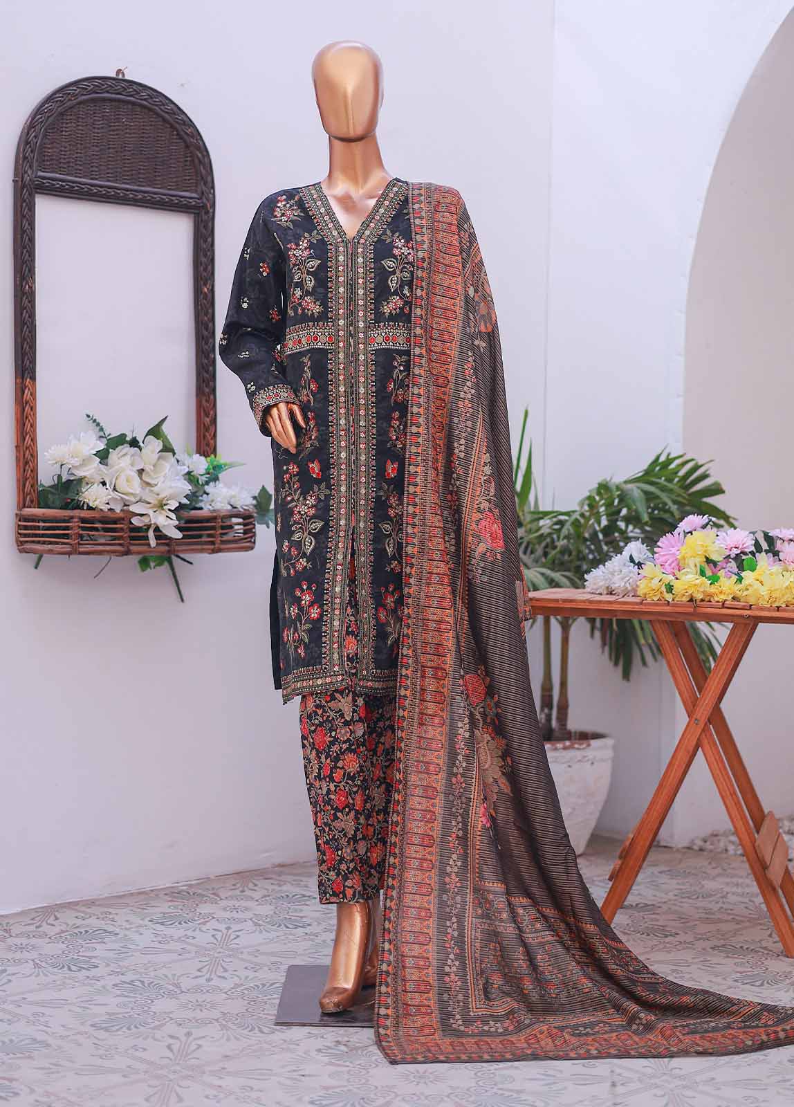 Bin Saeed Fabric - SM-EMB-023- 3 Piece Printed Embroidered Stitched Suit