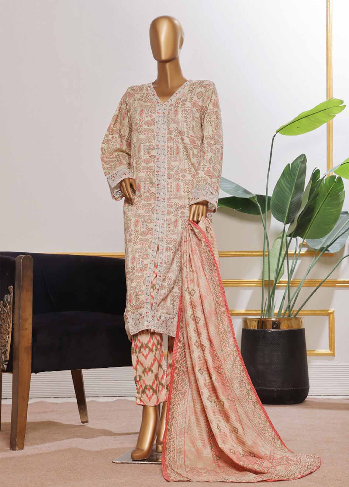 SM-EMB-042V2- 3 Piece Embroidered Stitched Suit
