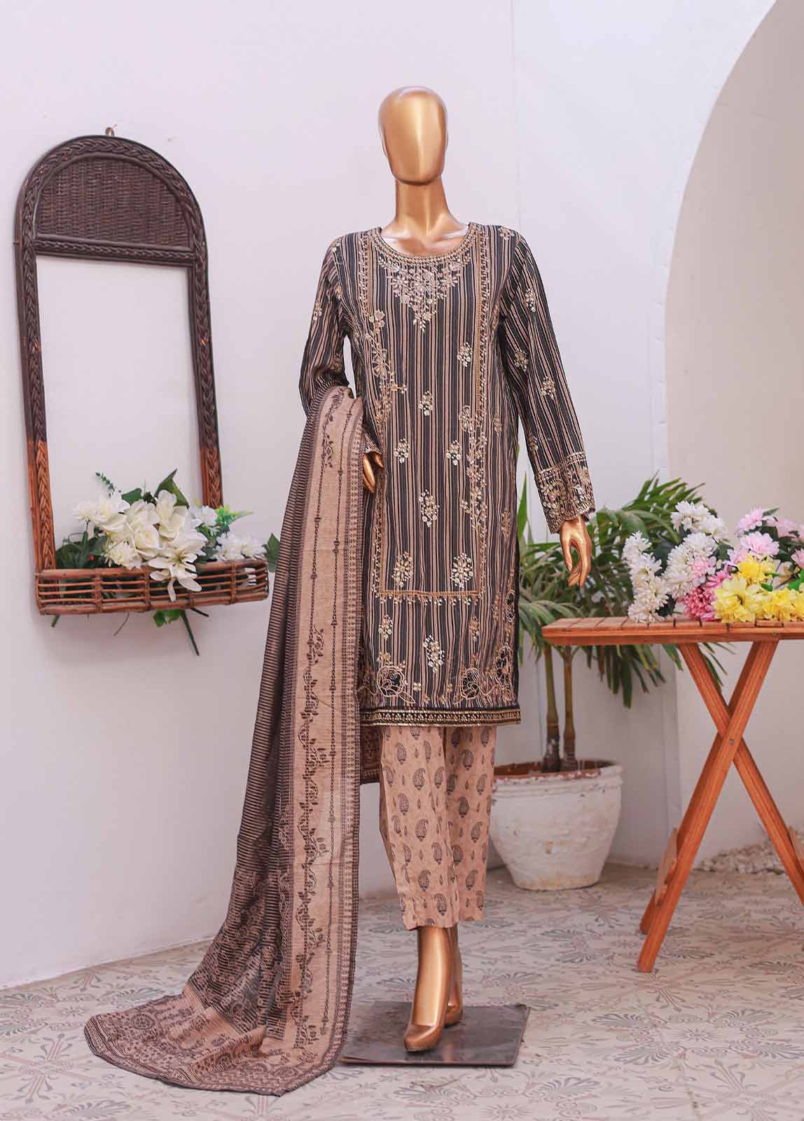 Bin Saeed Fabric - SM-EMB-06- 3 Piece Printed Embroidered Stitched Suit