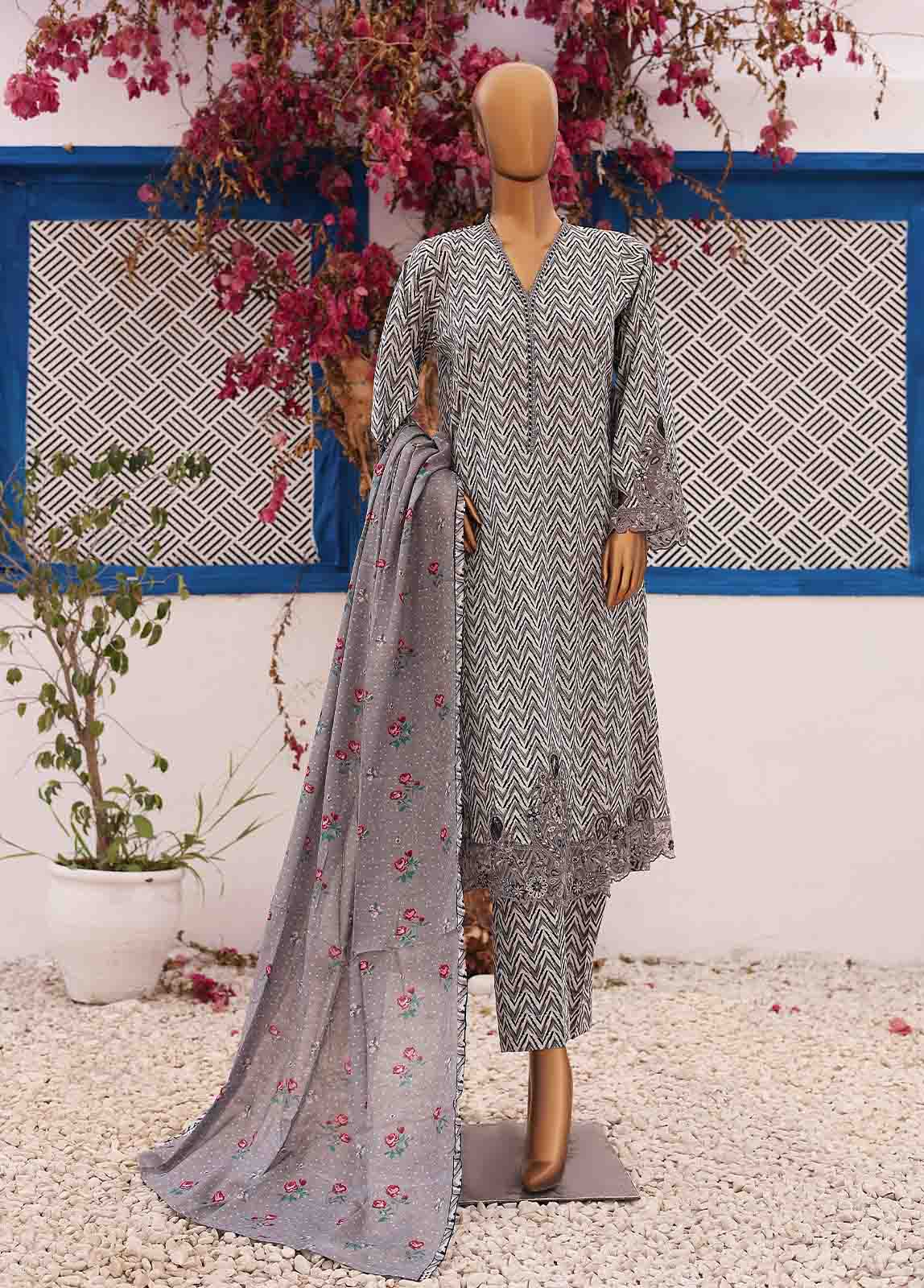 Bin Saeed Fabric - SM-FR-0202- 3 Piece Frock Style Stitched Suit