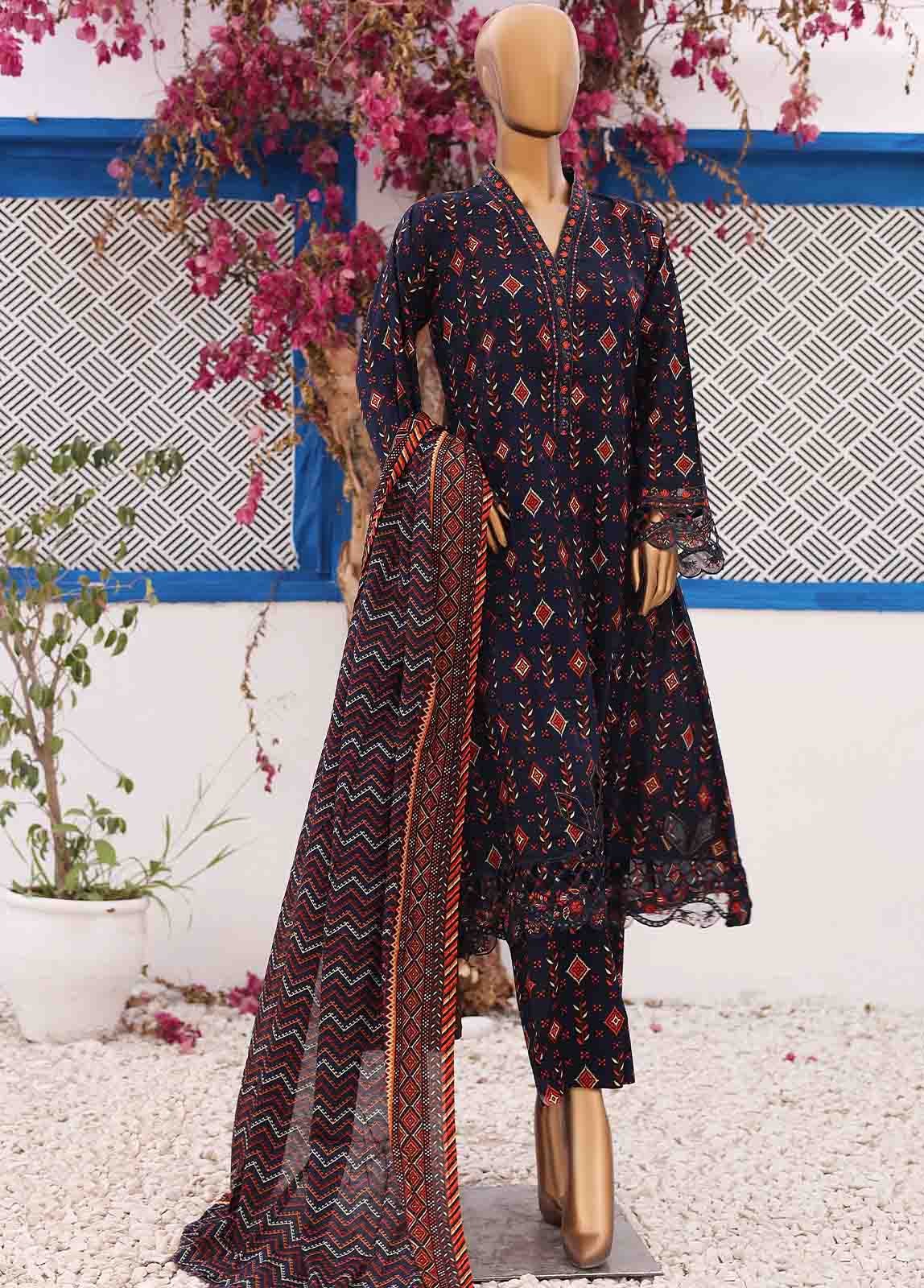 Bin Saeed Fabric - SM-FR-0215- 3 Piece Frock Style Stitched Suit
