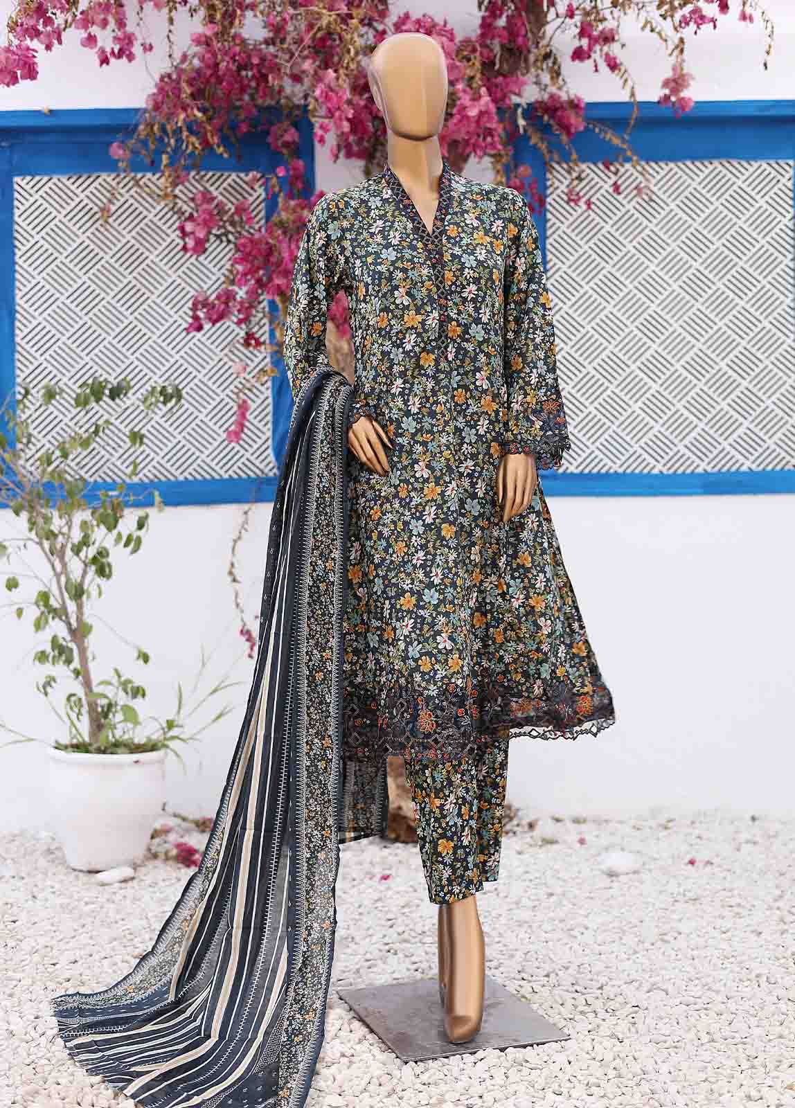 Bin Saeed Fabric - SM-FR-0218- 3 Piece Frock Style Stitched Suit