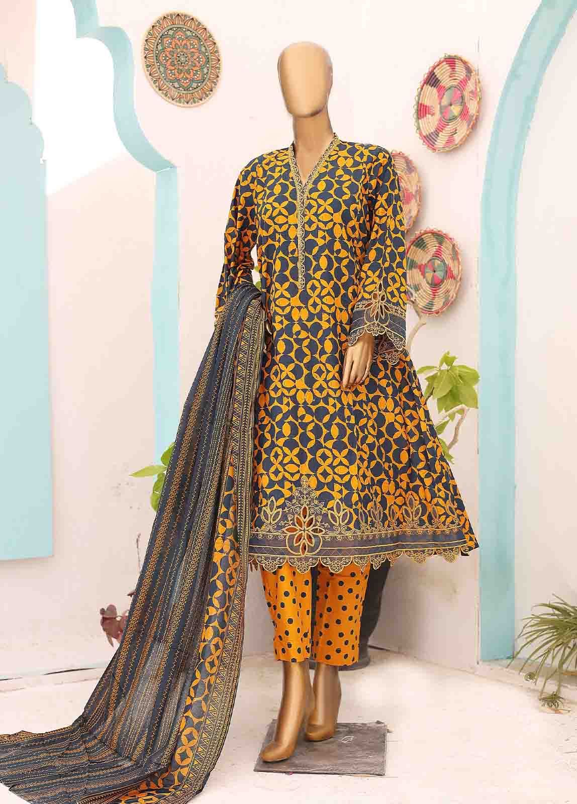 Bin Saeed Fabric - SM-FR-0223- 3 Piece Frock Style Stitched Suit