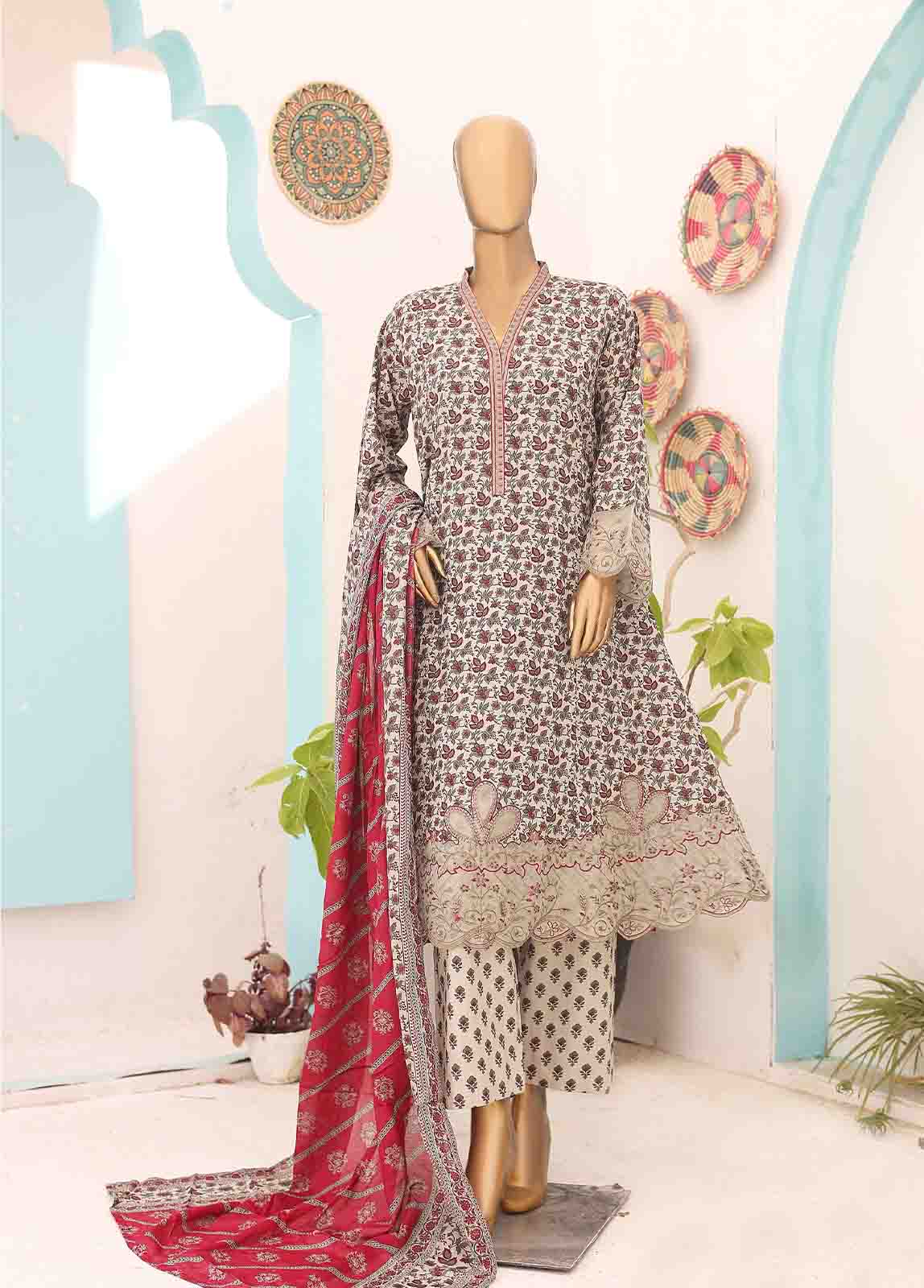 Bin Saeed Fabric - SM-FR-0225- 3 Piece Frock Style Stitched Suit