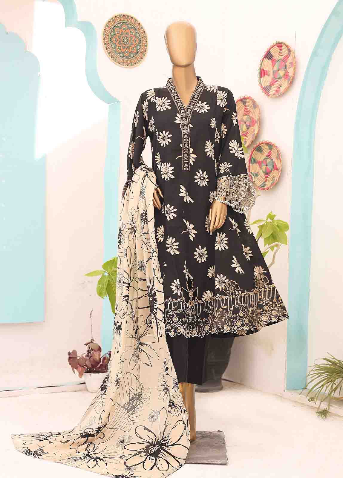 Bin Saeed Fabric - SM-FR-0343- 3 Piece Frock Style Stitched Suit