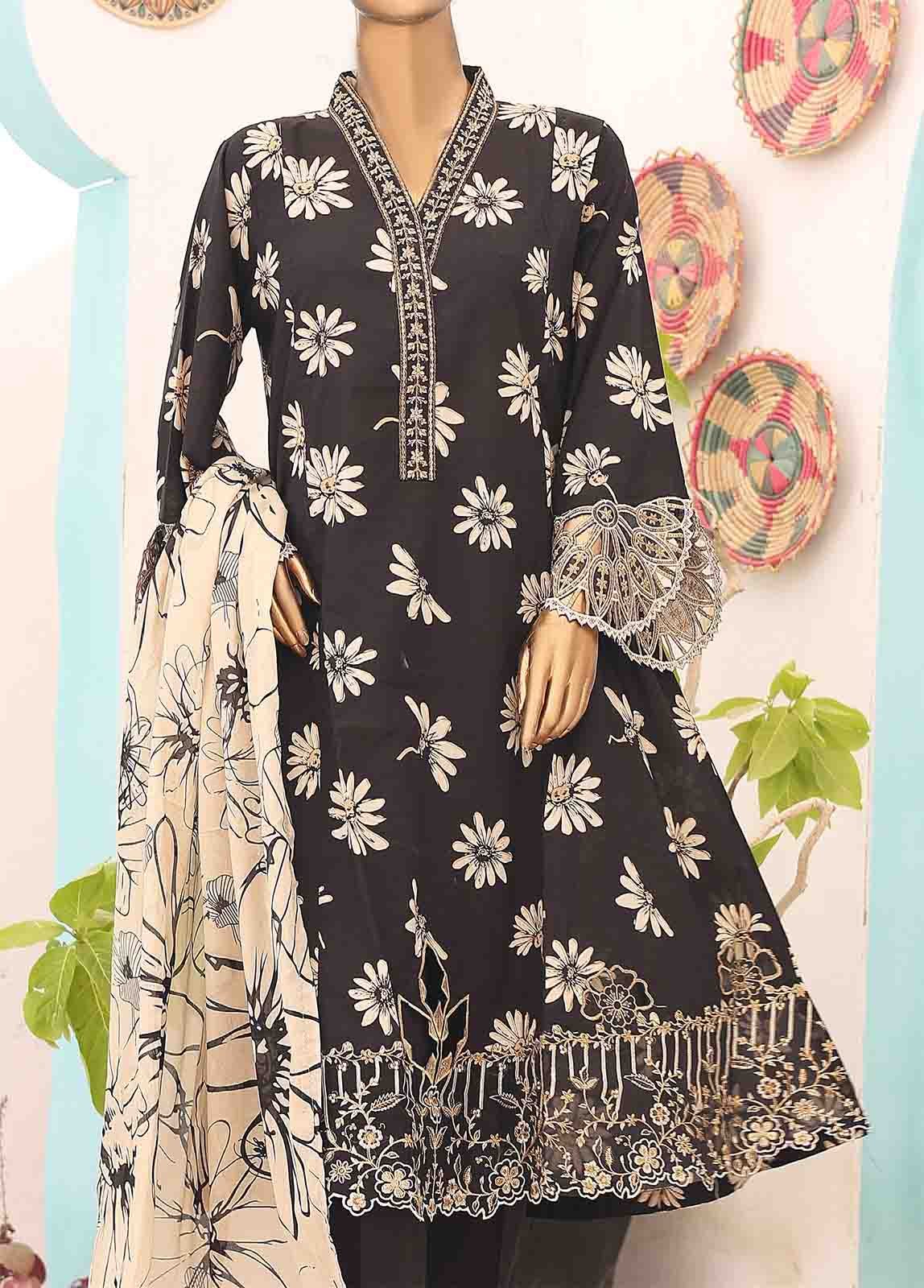 Bin Saeed Fabric - SM-FR-0343- 3 Piece Frock Style Stitched Suit
