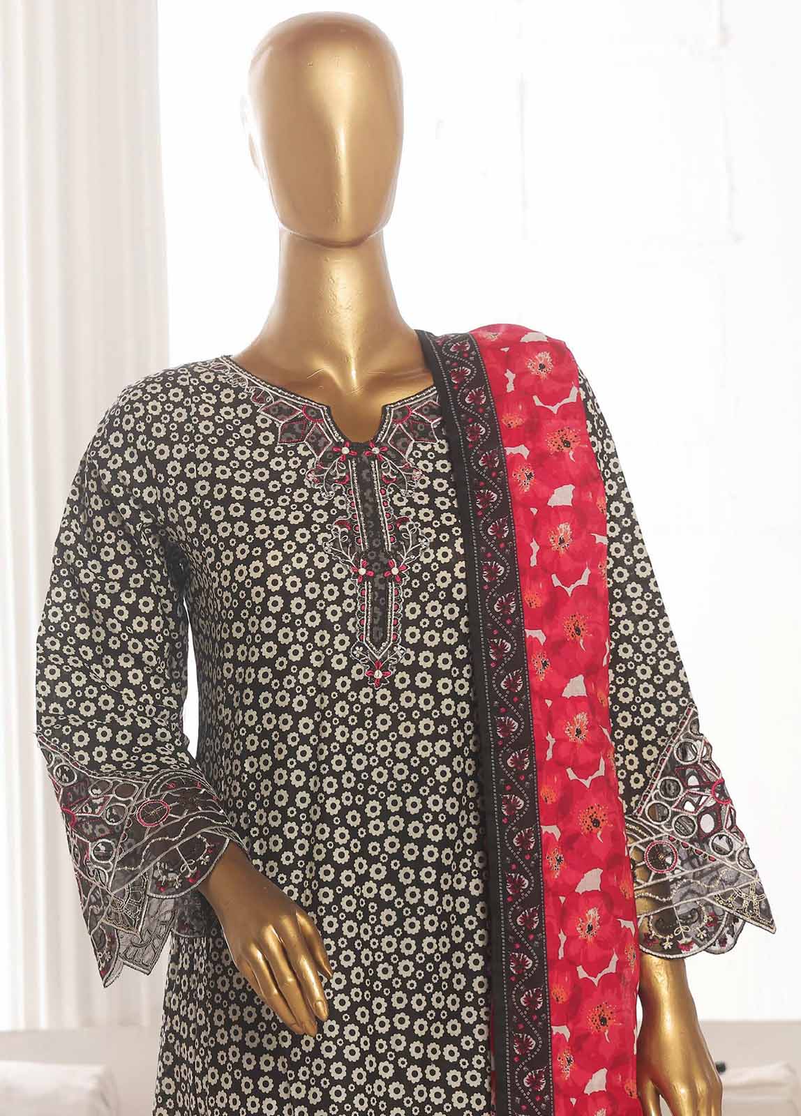 Bin Saeed Fabric - SM-FR-598-3 Piece Lawn Embroidered Frock Style Suit