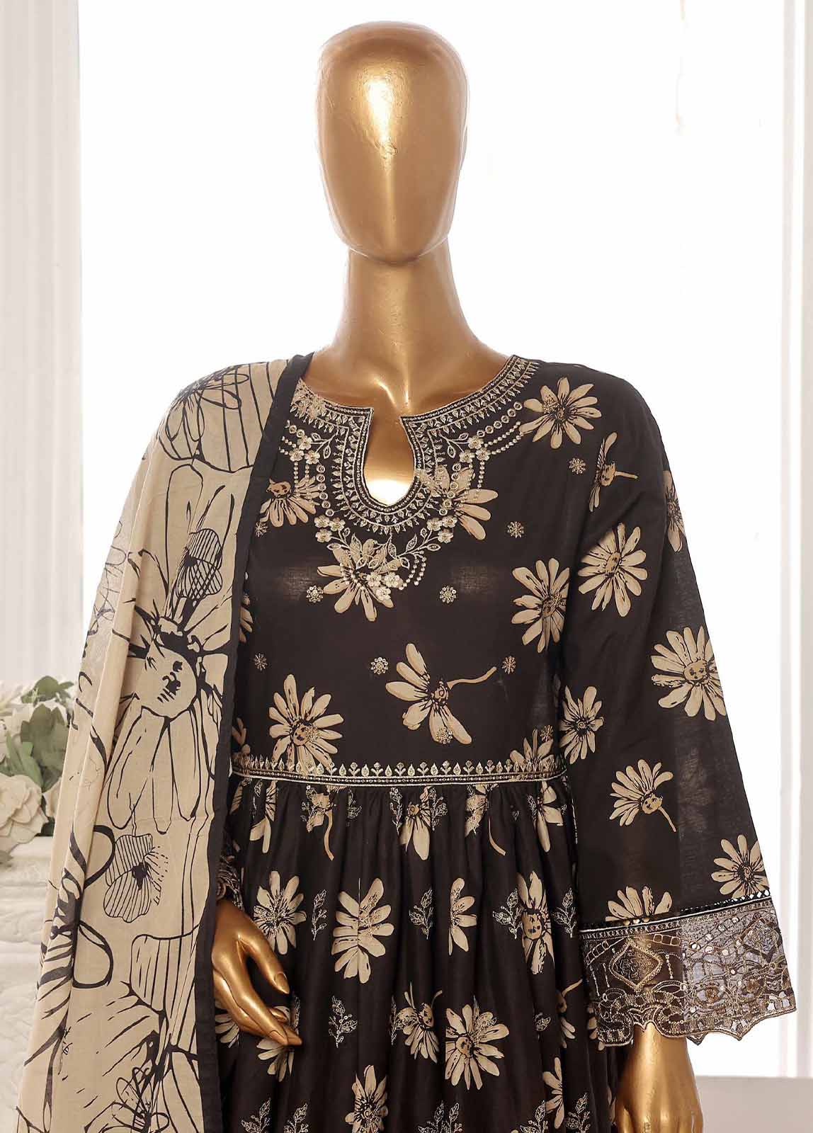 Bin Saeed Fabric - SM-FR-608-3 Piece Lawn Embroidered Frock Style Suit