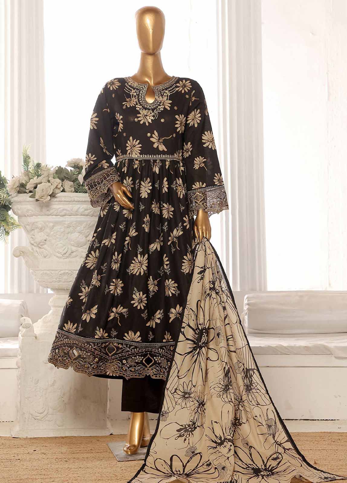 Bin Saeed Fabric - SM-FR-608-3 Piece Lawn Embroidered Frock Style Suit