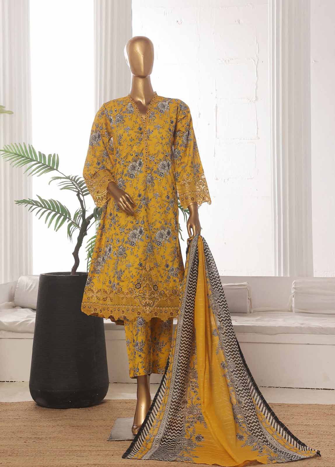 Bin Saeed Fabric - SM-FR-625-3 Piece Lawn Embroidered Frock Style Suit