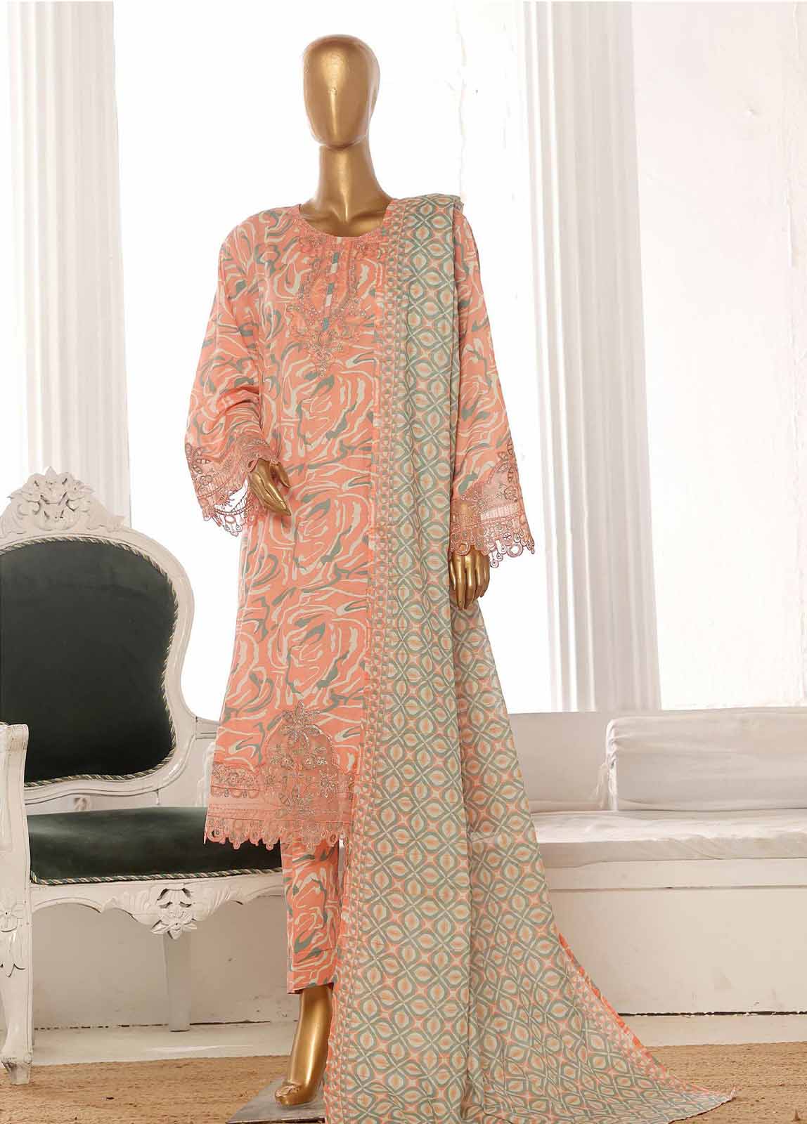 Bin Saeed Fabric - SM-FR-638-3 Piece Lawn Embroidered Frock Style Suit