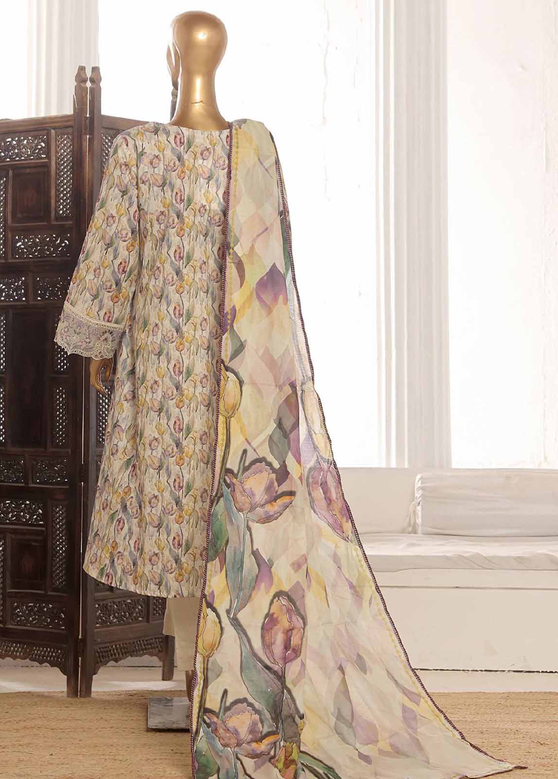 Bin Saeed Fabric - SM-FR-781-3 Piece Lawn Embroidered Frock Style Suit
