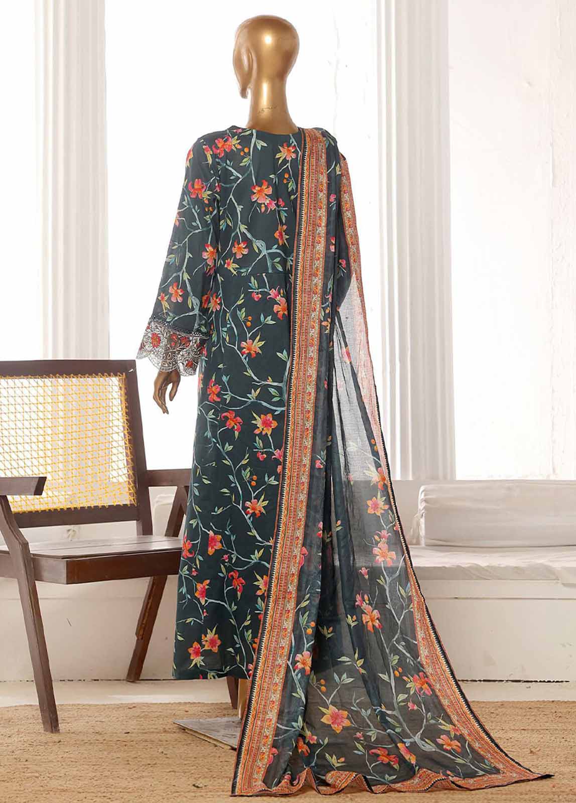 Bin Saeed Fabric - SM-FR-786-3 Piece Lawn Embroidered Frock Style Suit