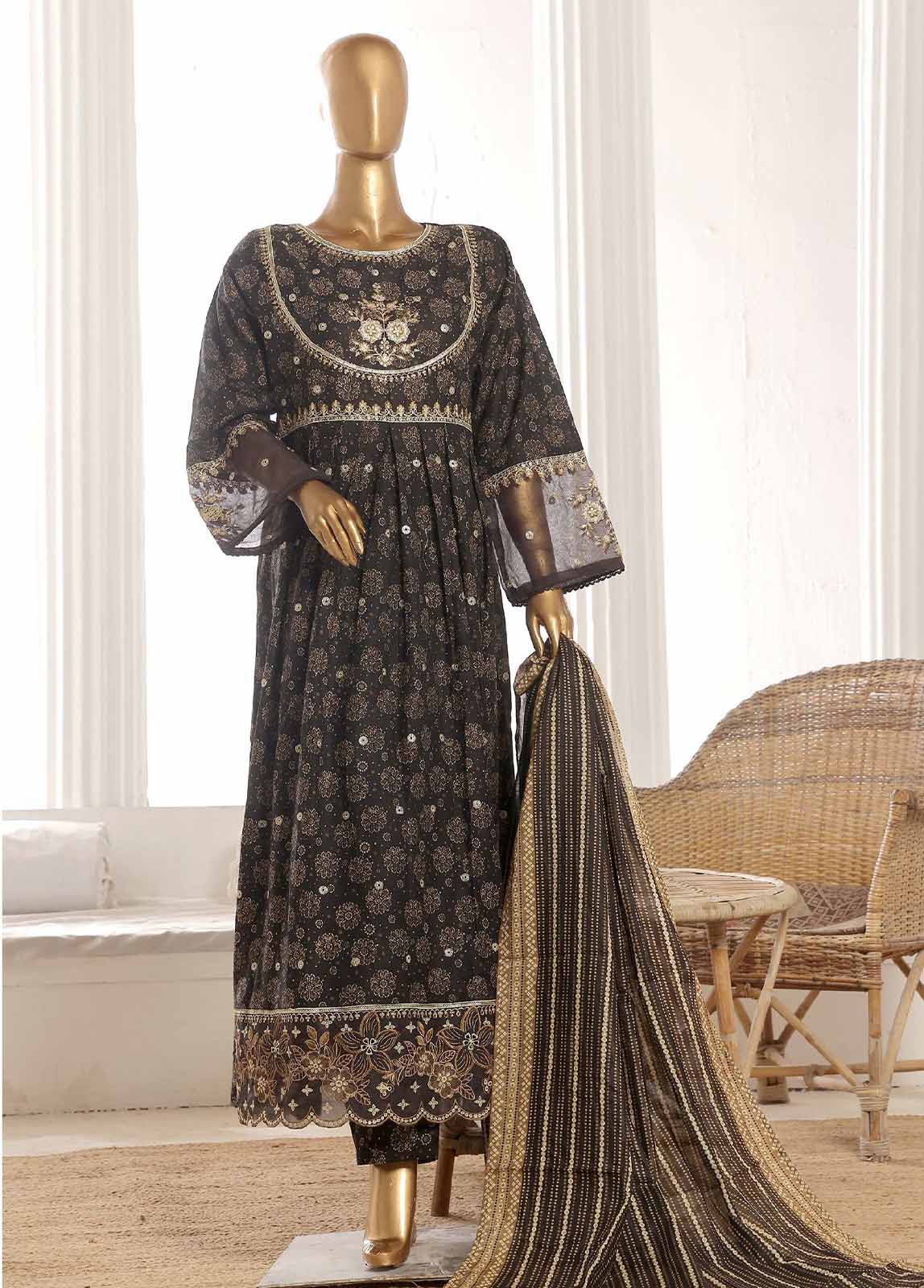 Bin Saeed Fabric - SM-FR-790-3 Piece Lawn Embroidered Frock Style Suit