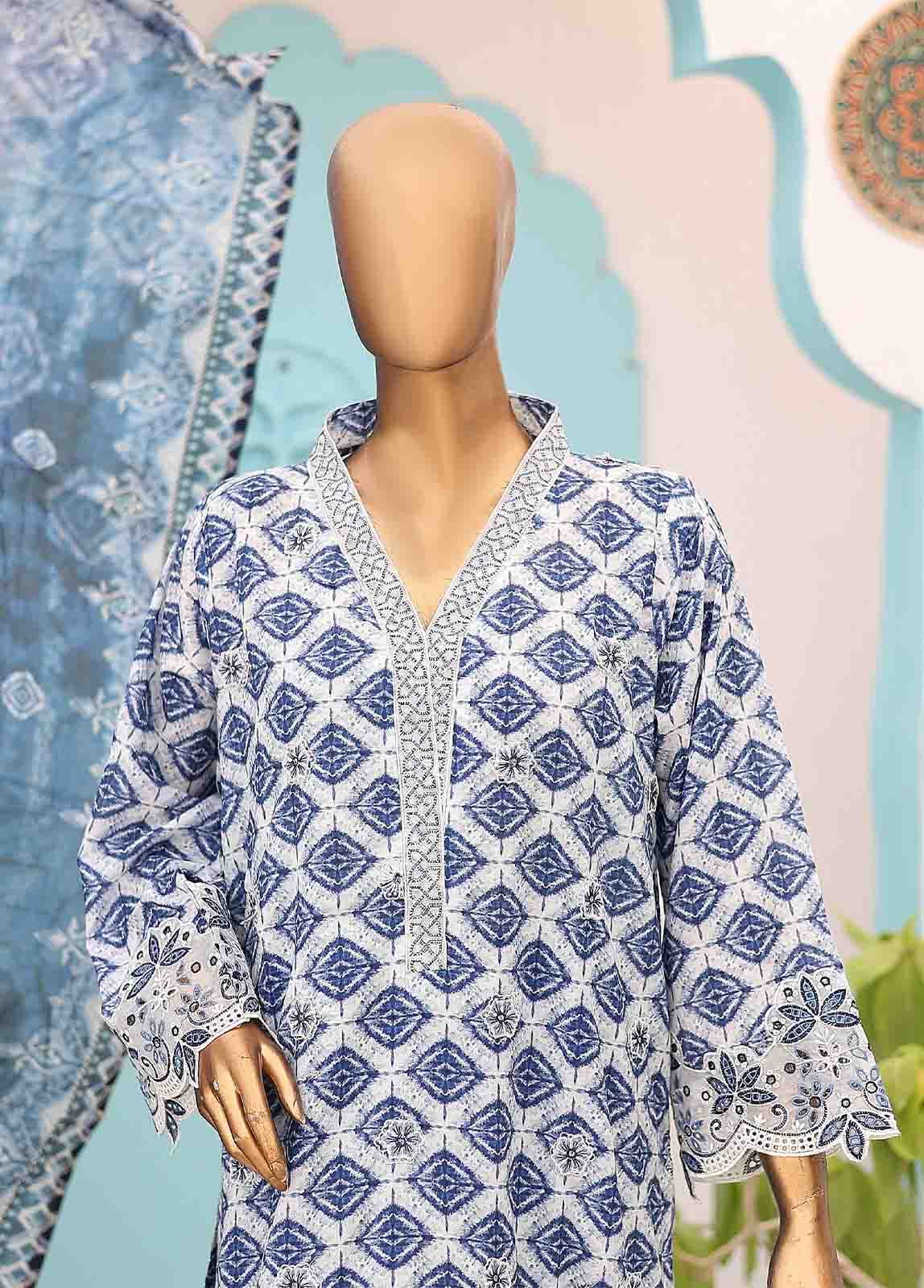 Bin Saeed Fabric - SM-LE-0199-3 Piece Cutwork Kari Stitched Suit