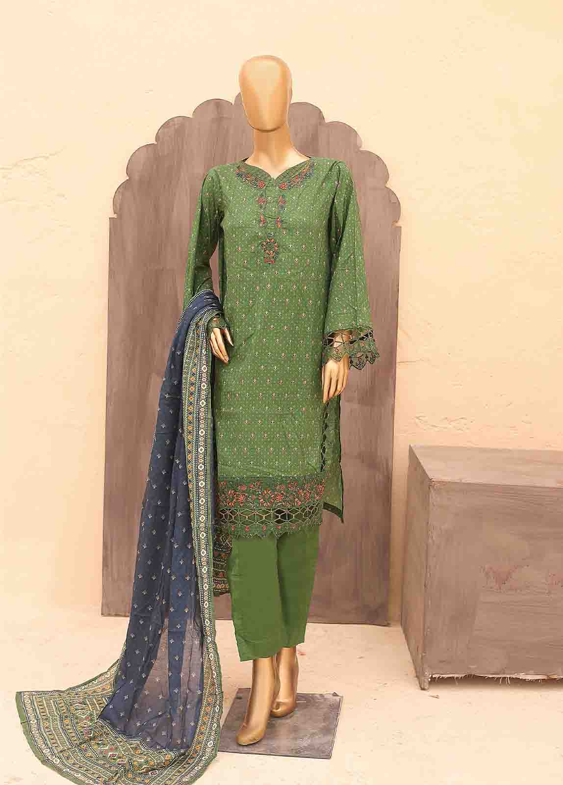 Bin Saeed Fabric - SM-LE-0407-3 Piece Cotton Kari Stitched Suit