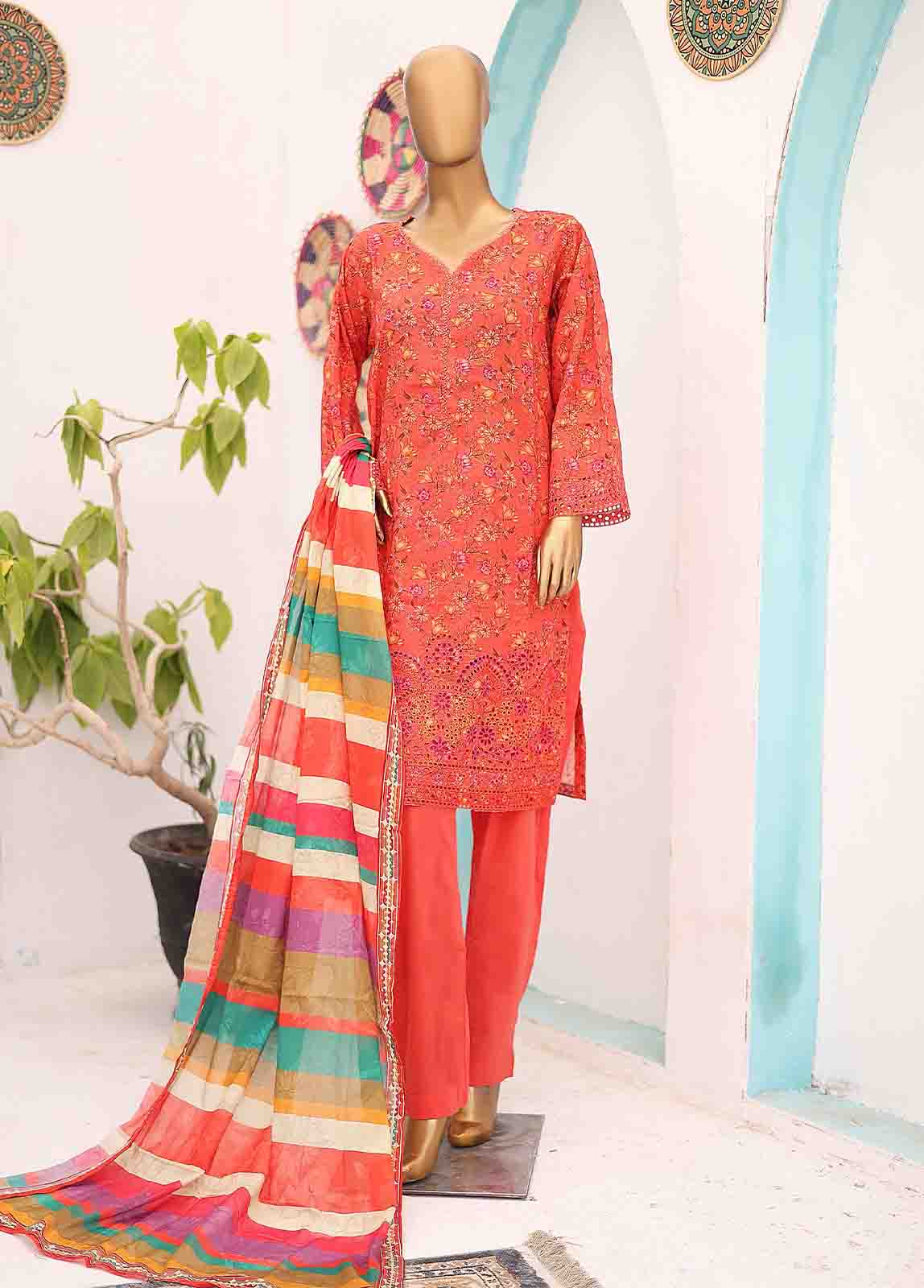 Bin Saeed Fabric - SM-LE-0408-3 Piece Cotton Kari Stitched Suit