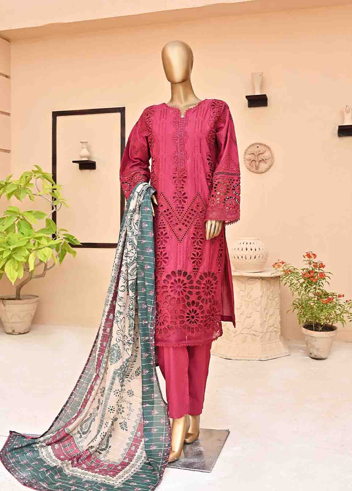 Bin Saeed Fabric - SMCK-0403-3 Piece Cutwork Kari Stitched Suit