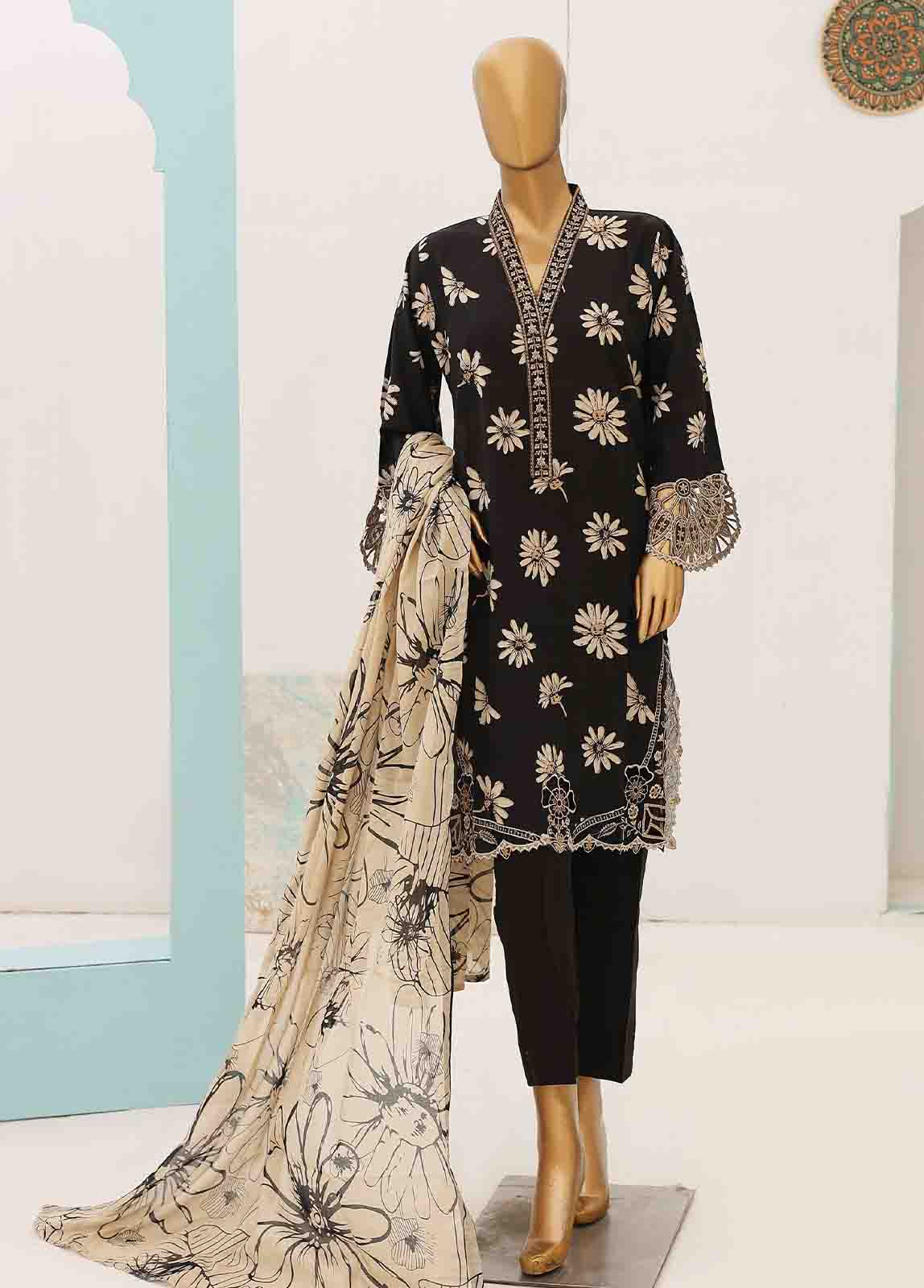 Bin Saeed Fabric - SME-0343-3 Piece Cutwork Kari Stitched Suit