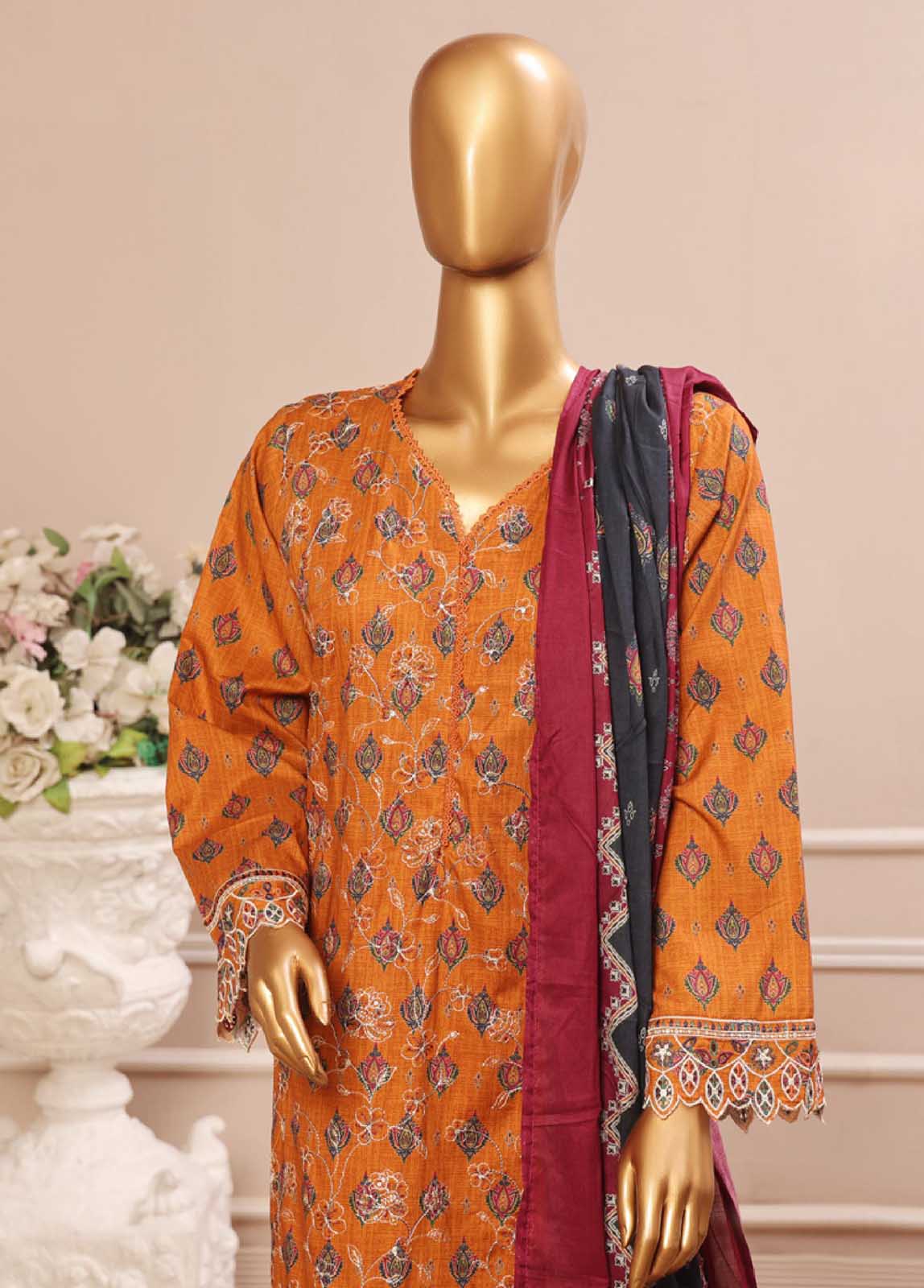 Bin Saeed Fabric - SME-040 B  Piece Cutwork Kari Stitched Suit