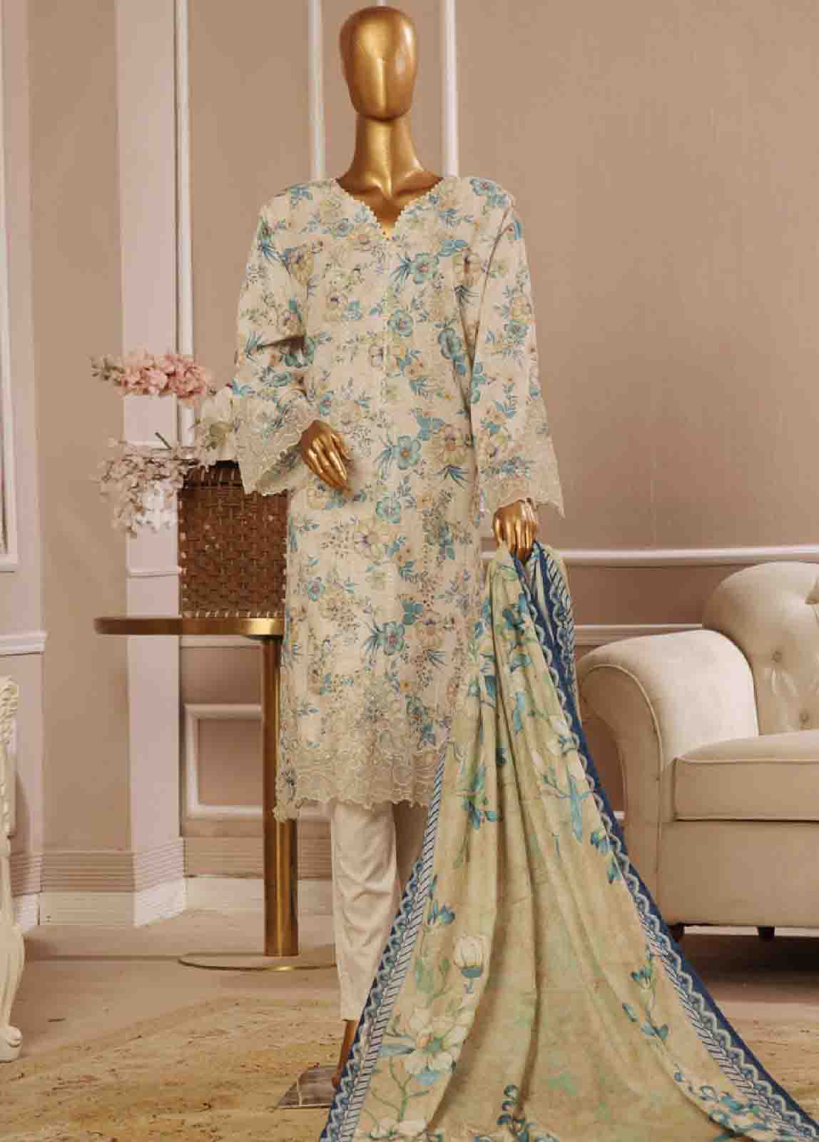 Bin Saeed Fabric - SME-735 -3 Piece Chikankari Stitched Suit