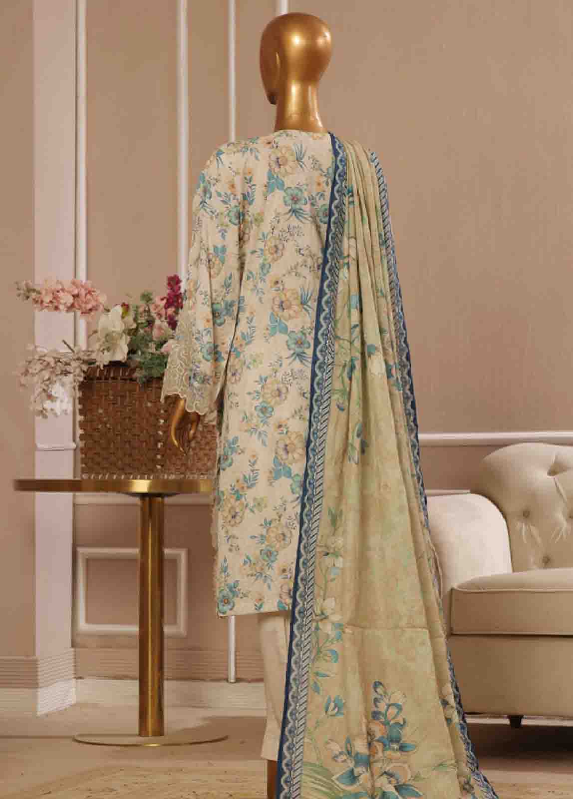 Bin Saeed Fabric - SME-735 -3 Piece Chikankari Stitched Suit