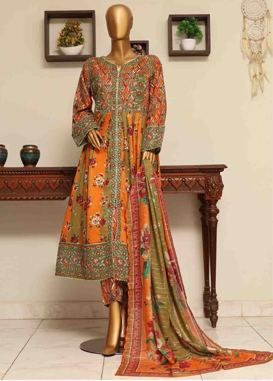 Bin Saeed Fabric - SME-FR-033-3 Piece Lawn Embroidered Frock Style Suit