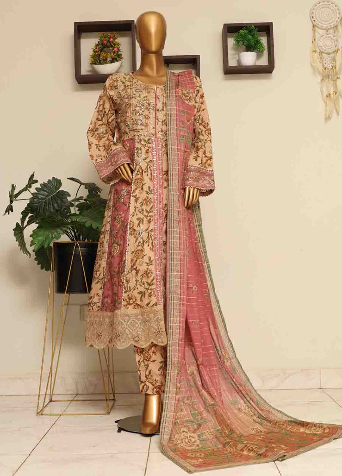 Bin Saeed Fabric - SME-FR-038-3 Piece Lawn Embroidered Frock Style Suit