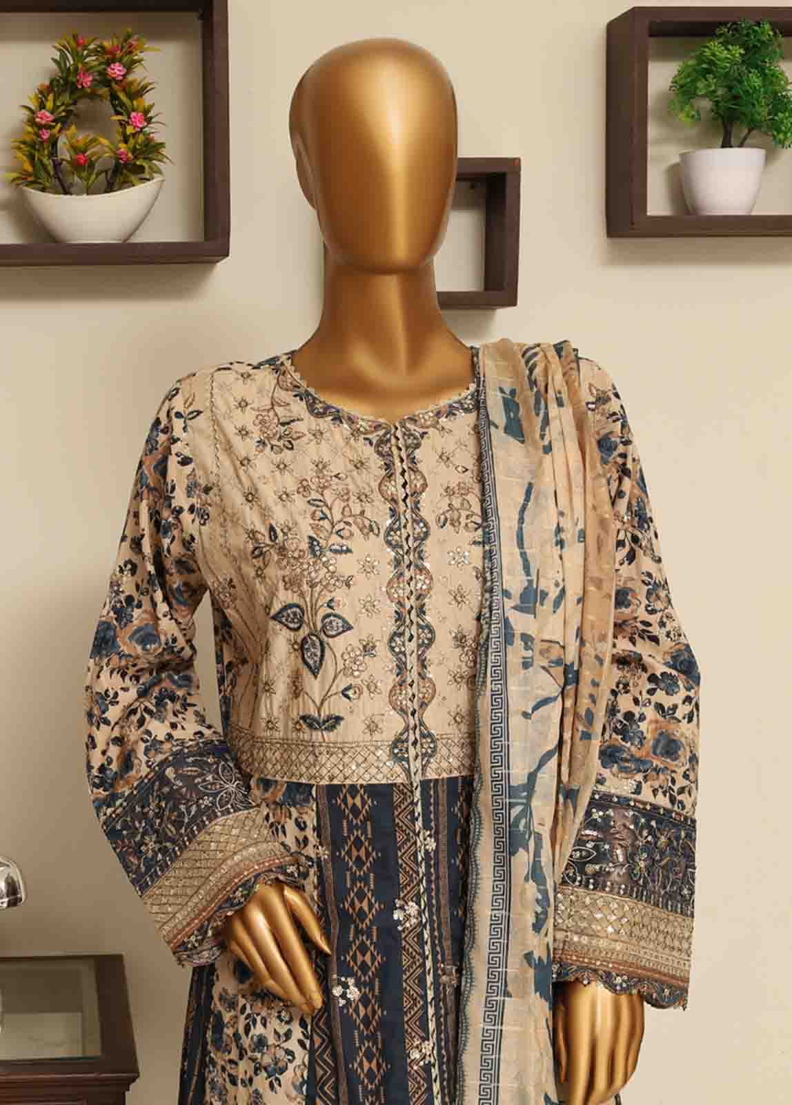 Bin Saeed Fabric - SME-FR-044-3 Piece Lawn Embroidered Frock Style Suit