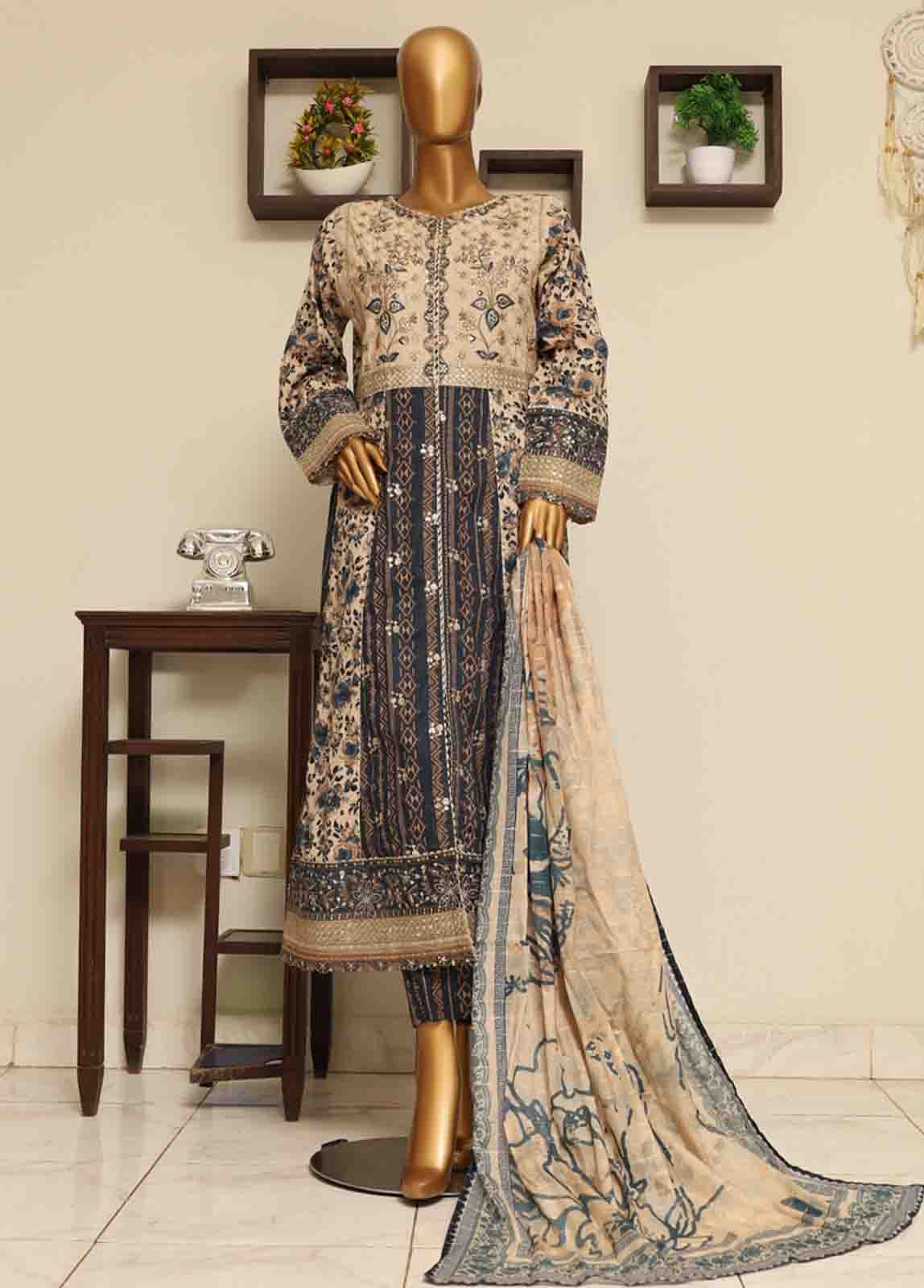 Bin Saeed Fabric - SME-FR-044-3 Piece Lawn Embroidered Frock Style Suit