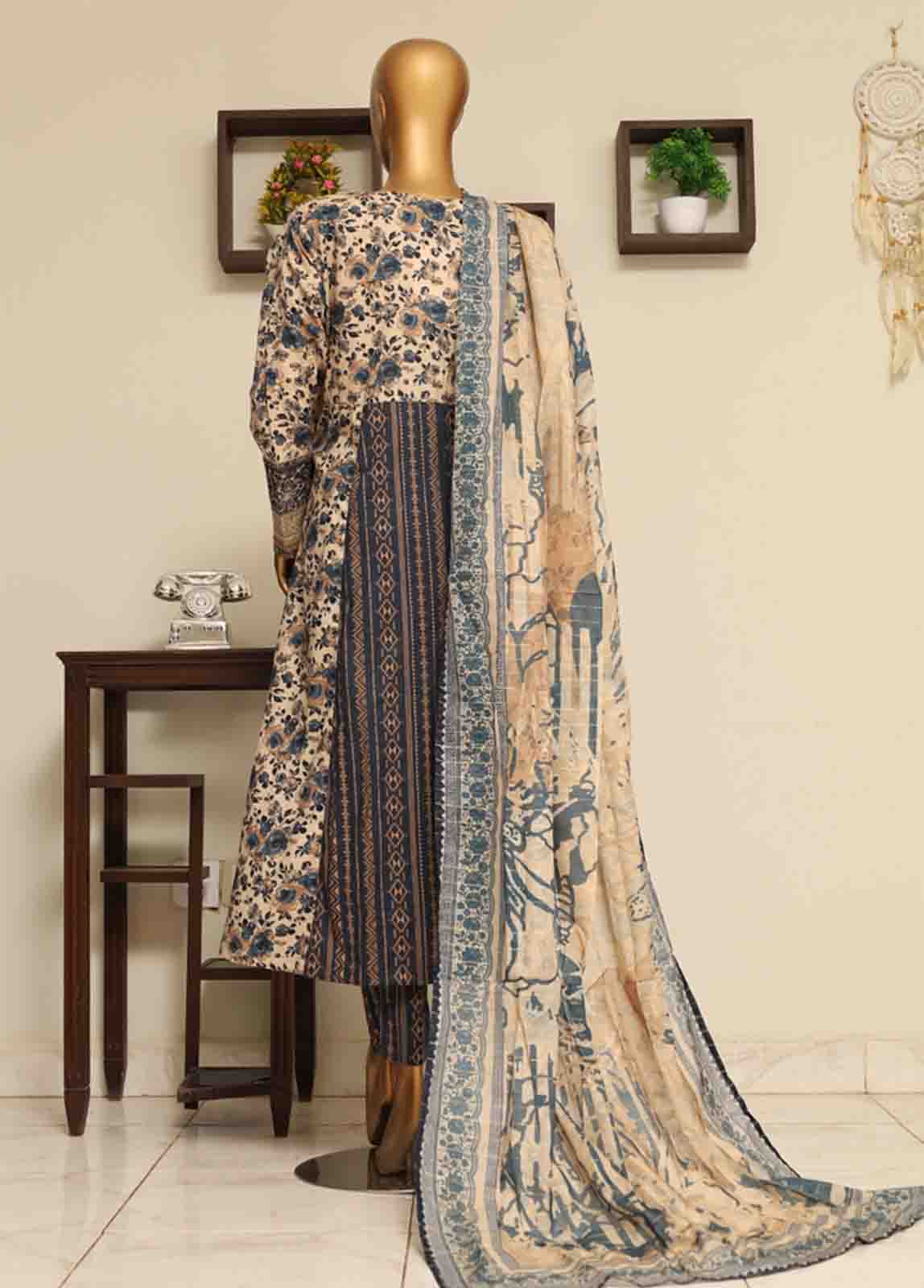 Bin Saeed Fabric - SME-FR-044-3 Piece Lawn Embroidered Frock Style Suit