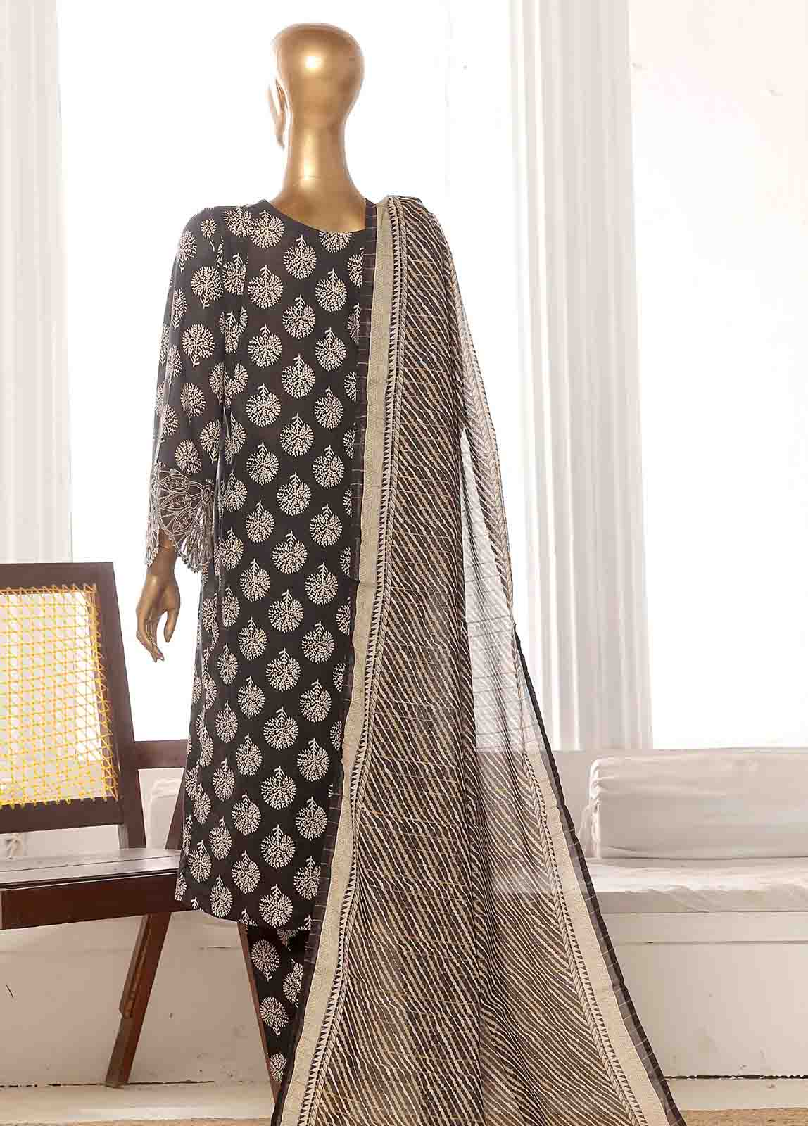 Bin Saeed Fabric - SME-FR-634-3 Piece Lawn Embroidered Frock Style Suit