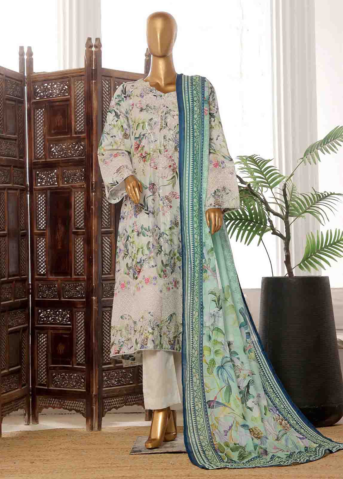 Bin Saeed Fabric - SME-FR-747-3 Piece Lawn Embroidered Frock Style Suit