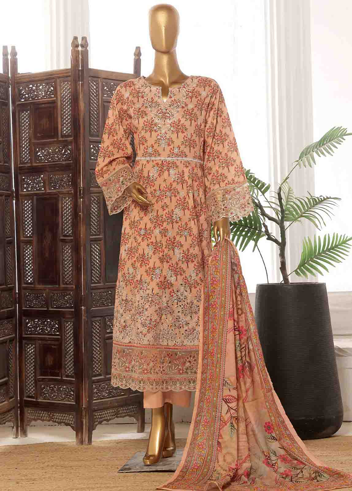 Bin Saeed Fabric - SME-FR-773-3 Piece Lawn Embroidered Frock Style Suit