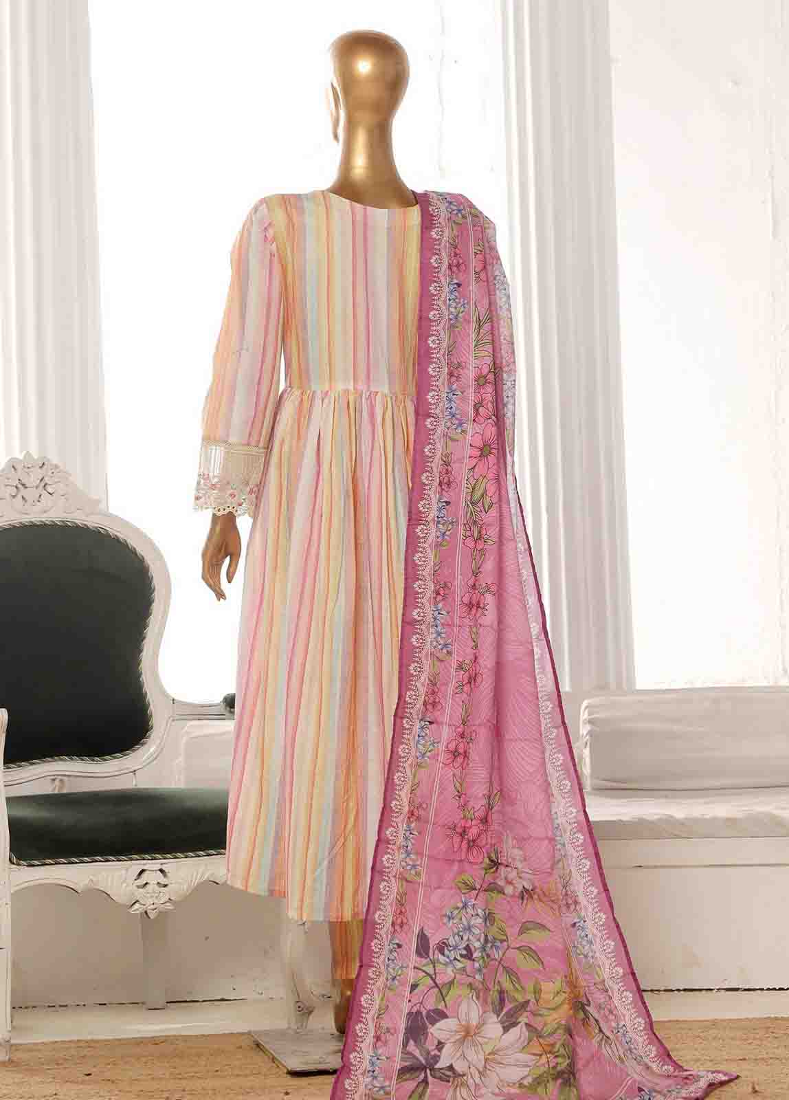 Bin Saeed Fabric - SME-FR-778-3 Piece Lawn Embroidered Frock Style Suit