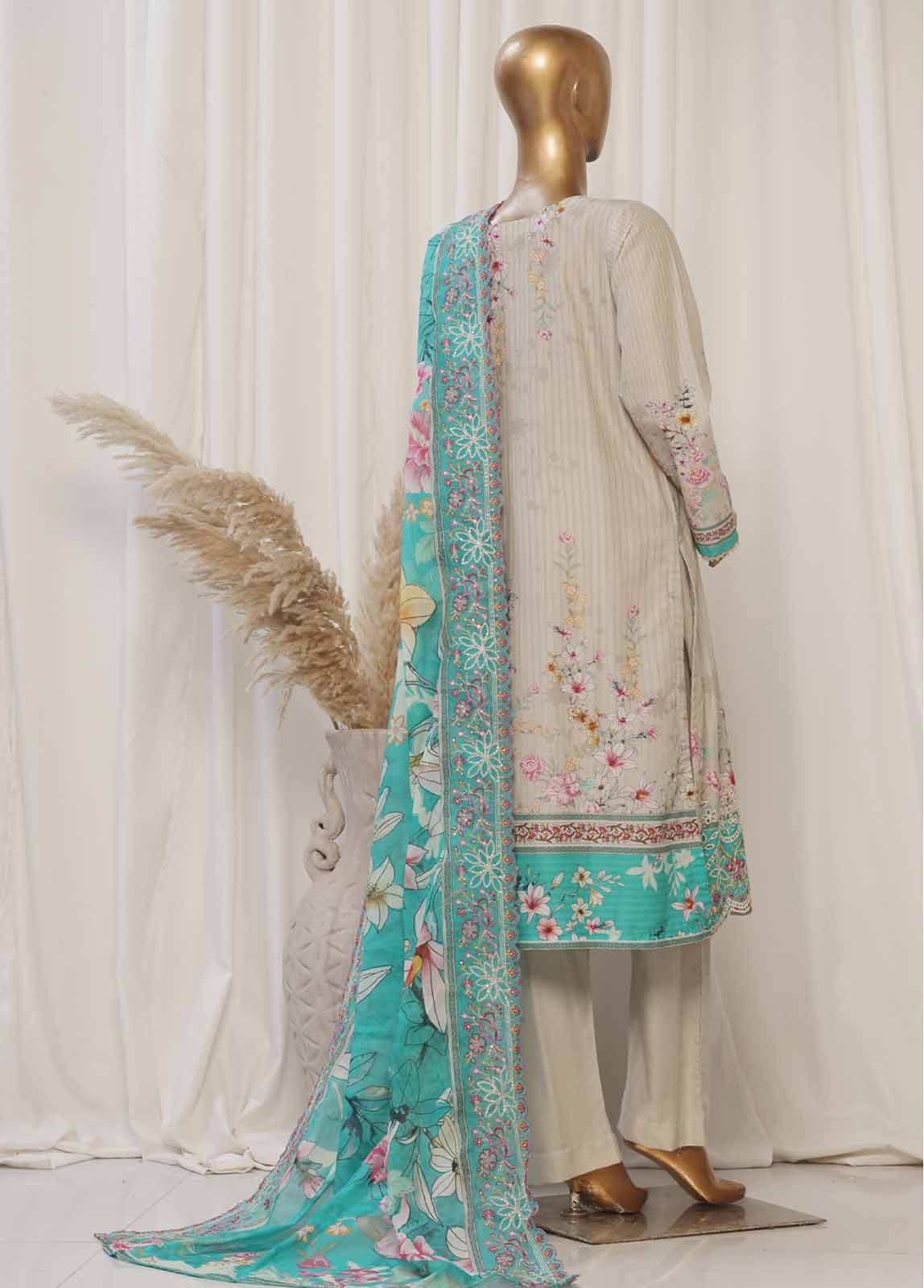 Bin Saeed Fabric - SMED-001- 3 Piece Printed Embroidered Stitched Suit