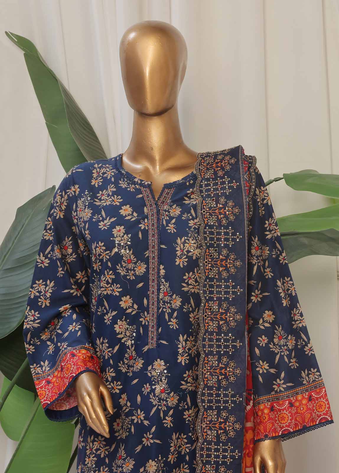 Bin Saeed Fabric - SMED-011- 3 Piece Printed Embroidered Stitched Suit