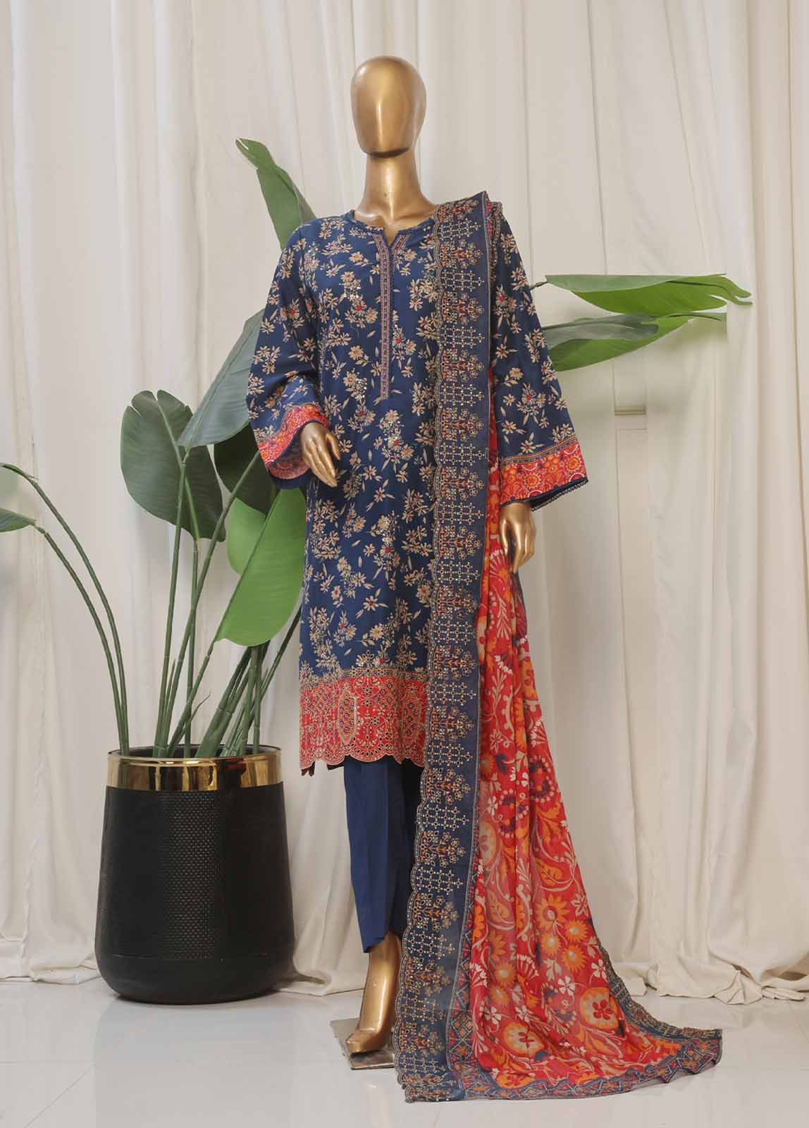 Bin Saeed Fabric - SMED-011- 3 Piece Printed Embroidered Stitched Suit