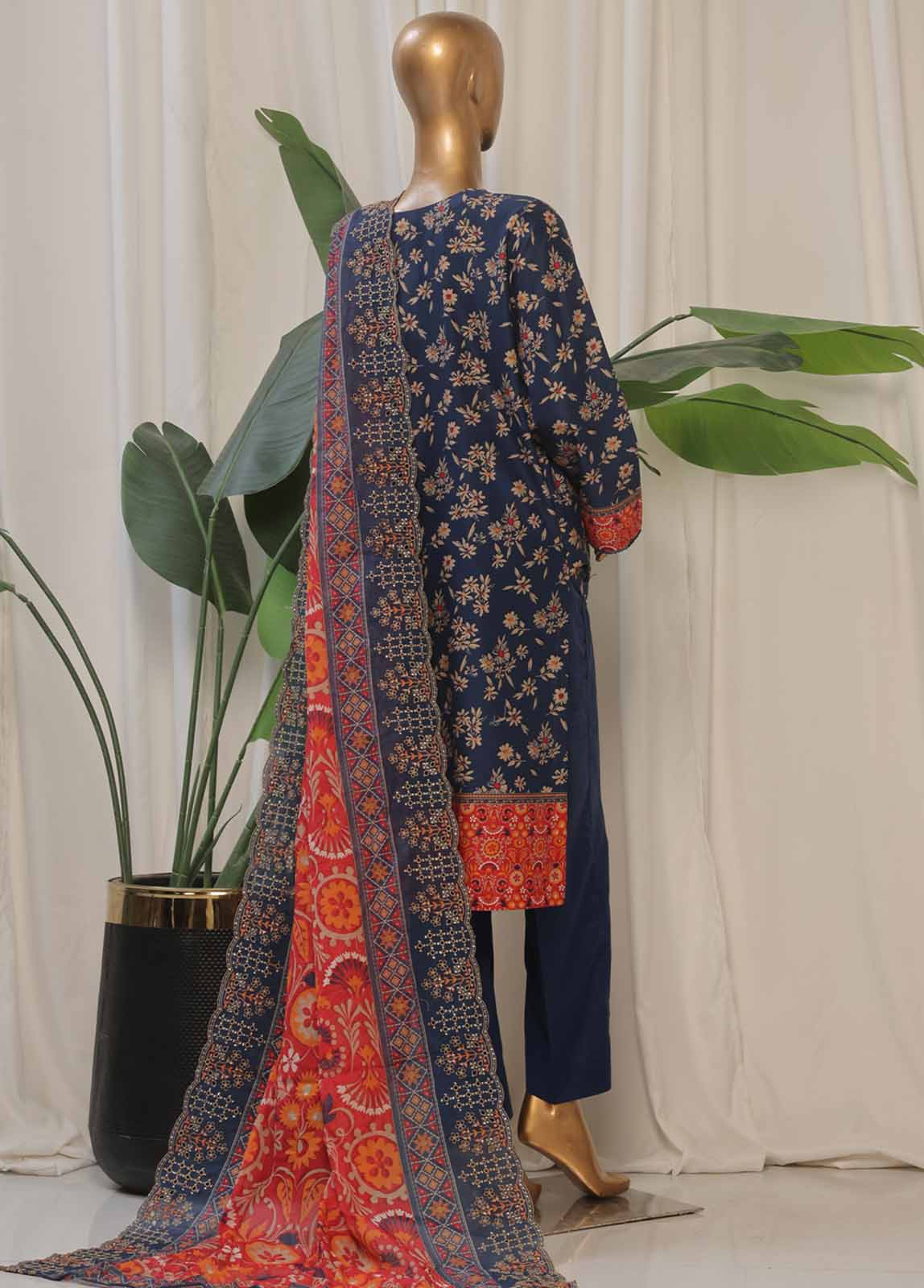 Bin Saeed Fabric - SMED-011- 3 Piece Printed Embroidered Stitched Suit