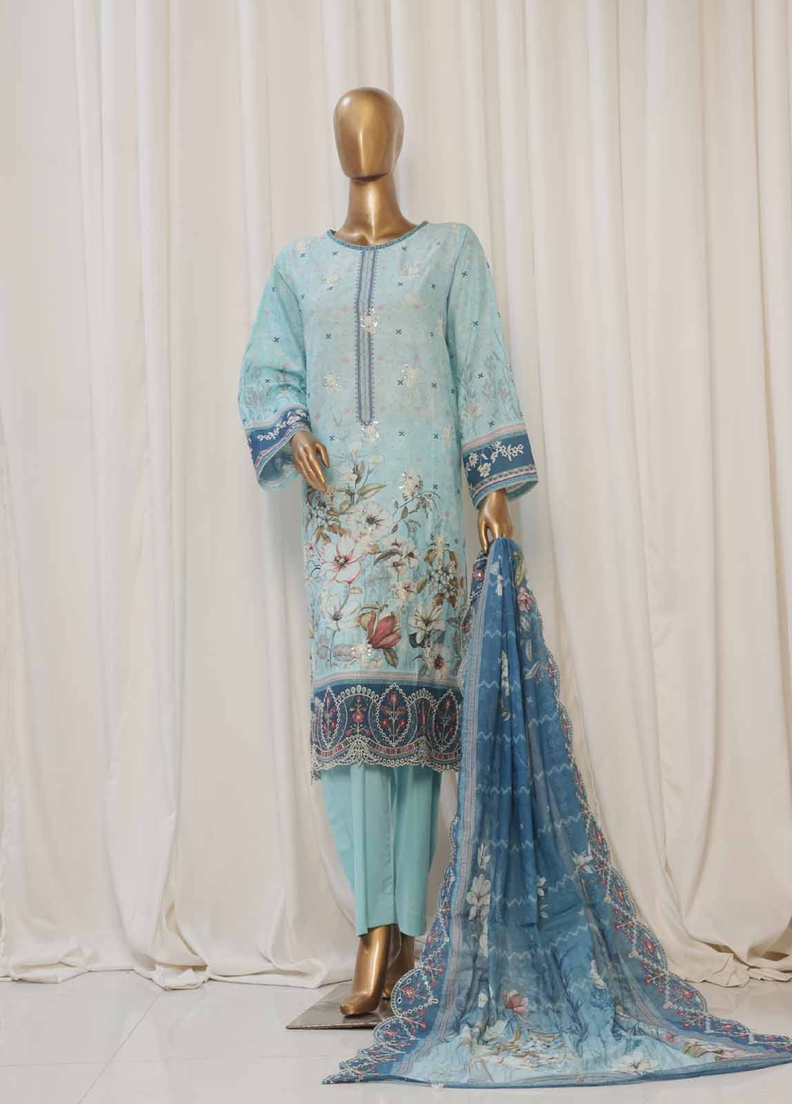 Bin Saeed Fabric - SMED-017- 3 Piece Printed Embroidered Stitched Suit